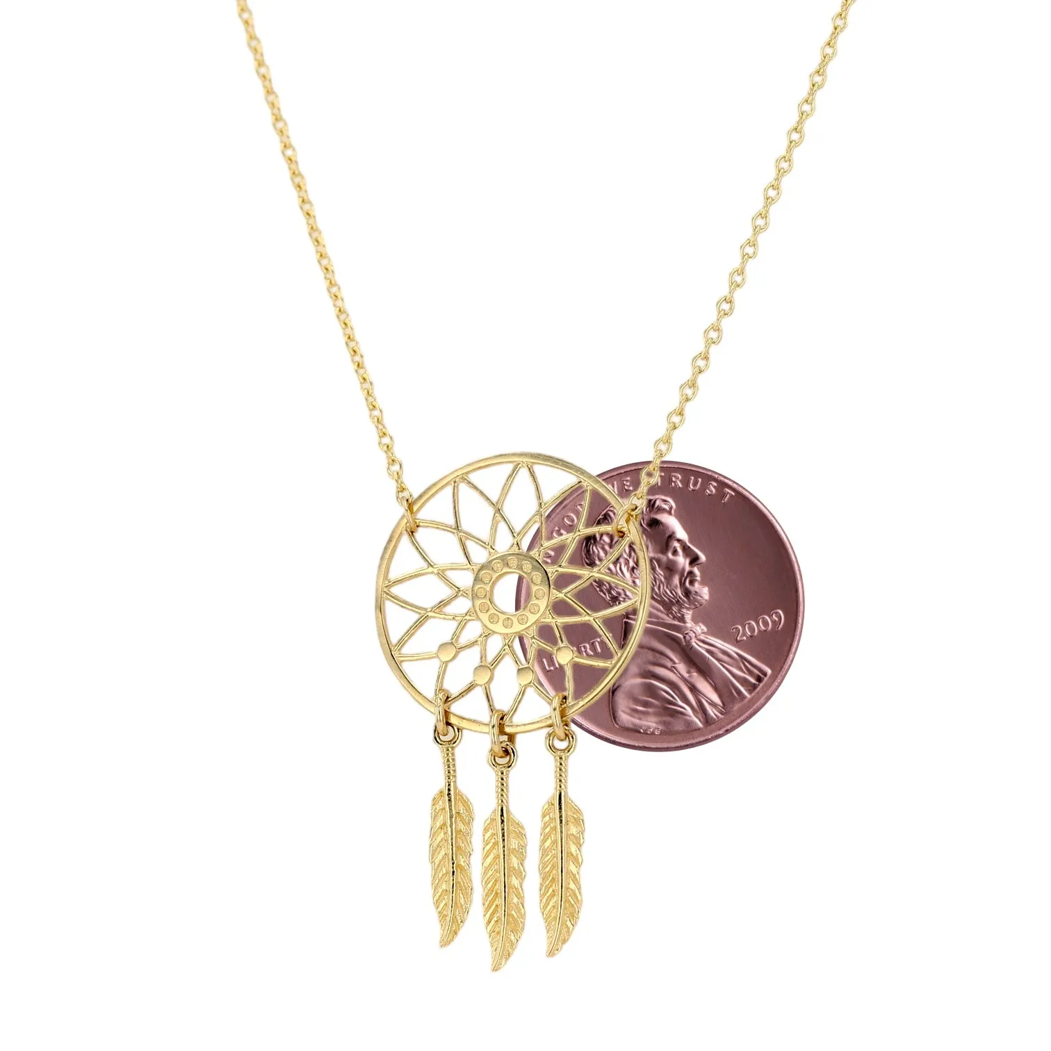 14K Yellow gold solid dream catcher necklace-11913