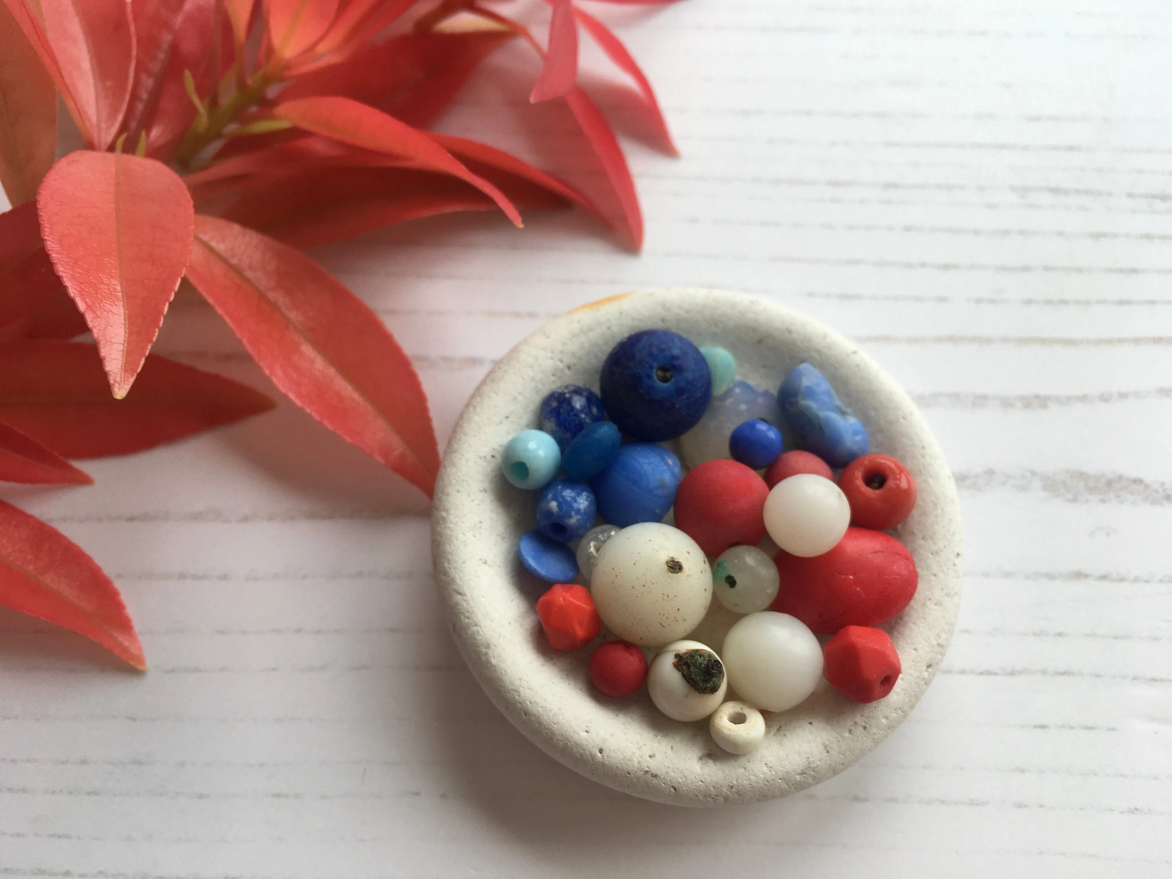 17+ Mudlarking Beads on Sea Pottery Base - Red White Blue mix