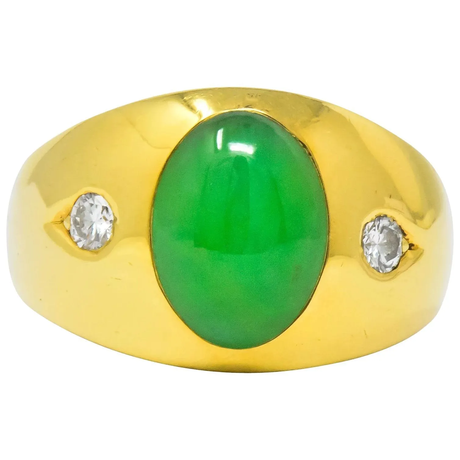 1950's Jadeite Jade Cabochon Diamond 18 Karat Gold Unisex Ring GIA