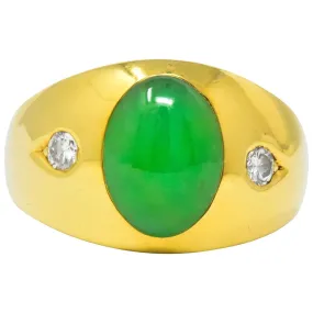 1950's Jadeite Jade Cabochon Diamond 18 Karat Gold Unisex Ring GIA