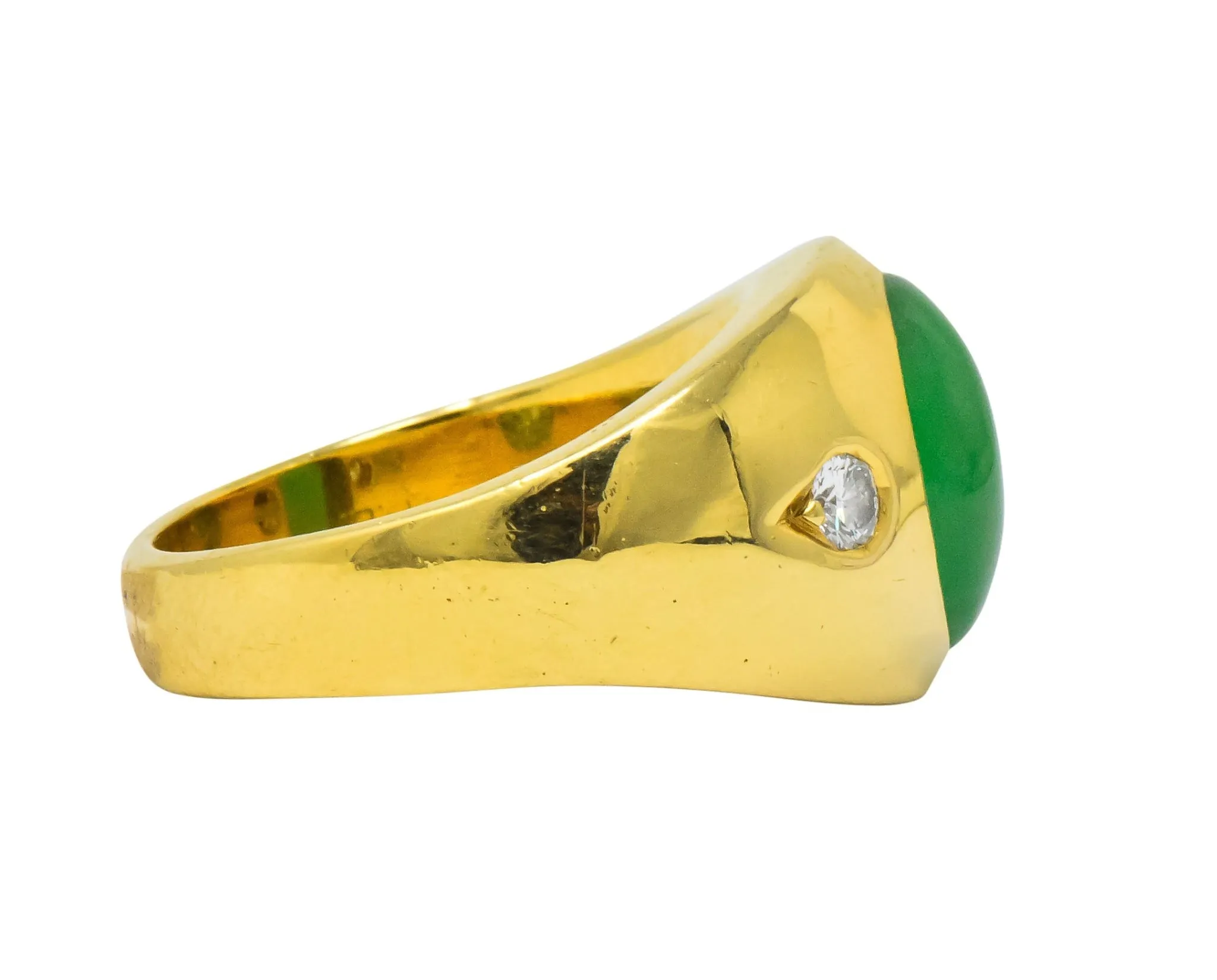 1950's Jadeite Jade Cabochon Diamond 18 Karat Gold Unisex Ring GIA