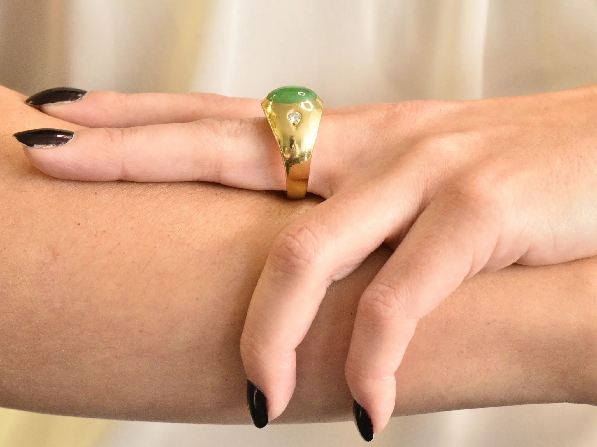 1950's Jadeite Jade Cabochon Diamond 18 Karat Gold Unisex Ring GIA