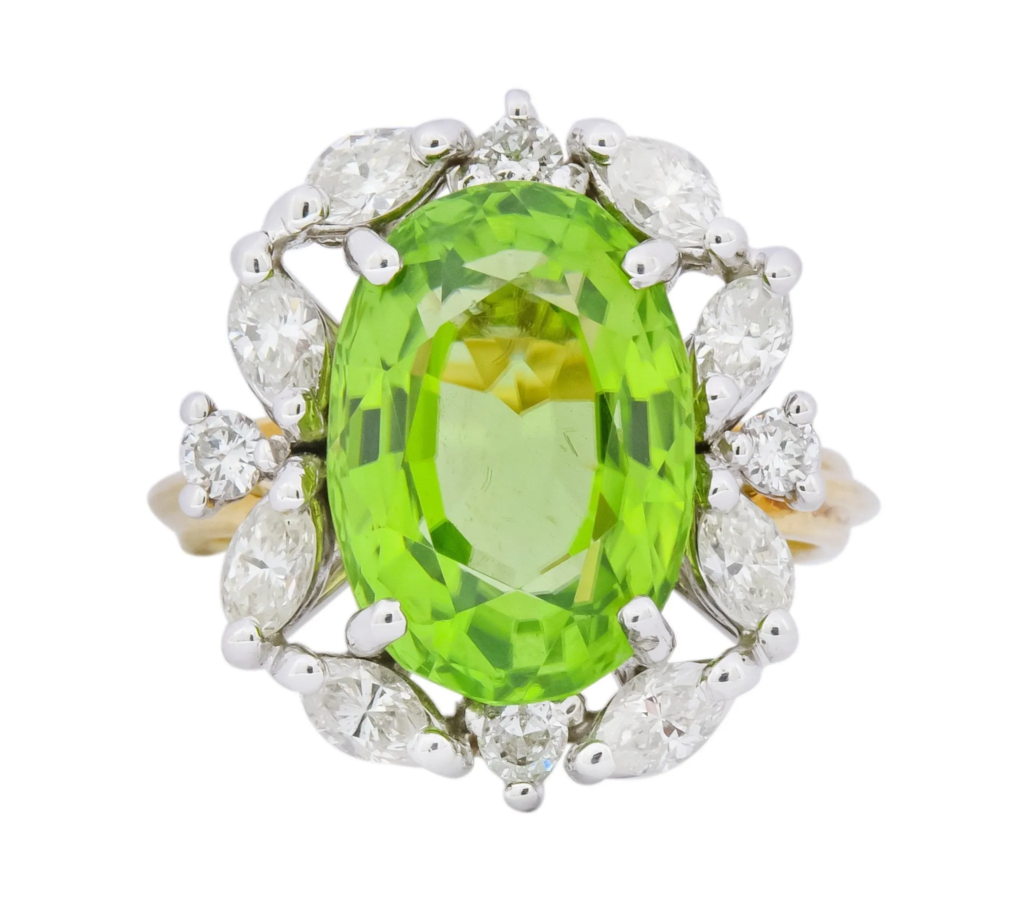 1970's 4.75 CTW Peridot Diamond 18 Karat Two-Tone Gold Cluster Ring