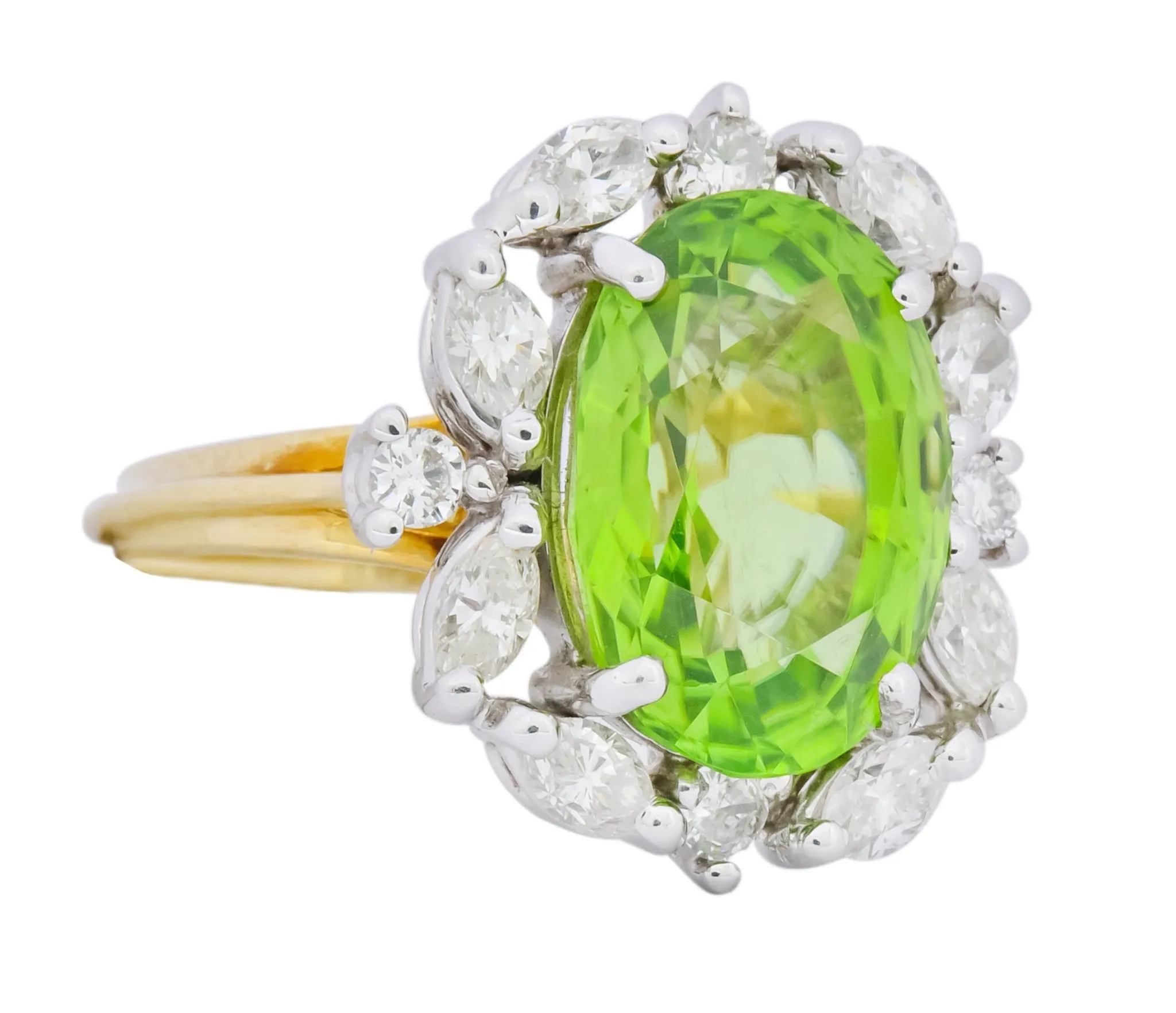 1970's 4.75 CTW Peridot Diamond 18 Karat Two-Tone Gold Cluster Ring