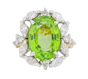 1970's 4.75 CTW Peridot Diamond 18 Karat Two-Tone Gold Cluster Ring