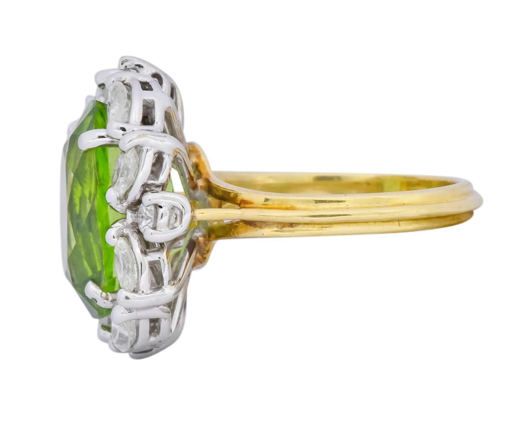 1970's 4.75 CTW Peridot Diamond 18 Karat Two-Tone Gold Cluster Ring