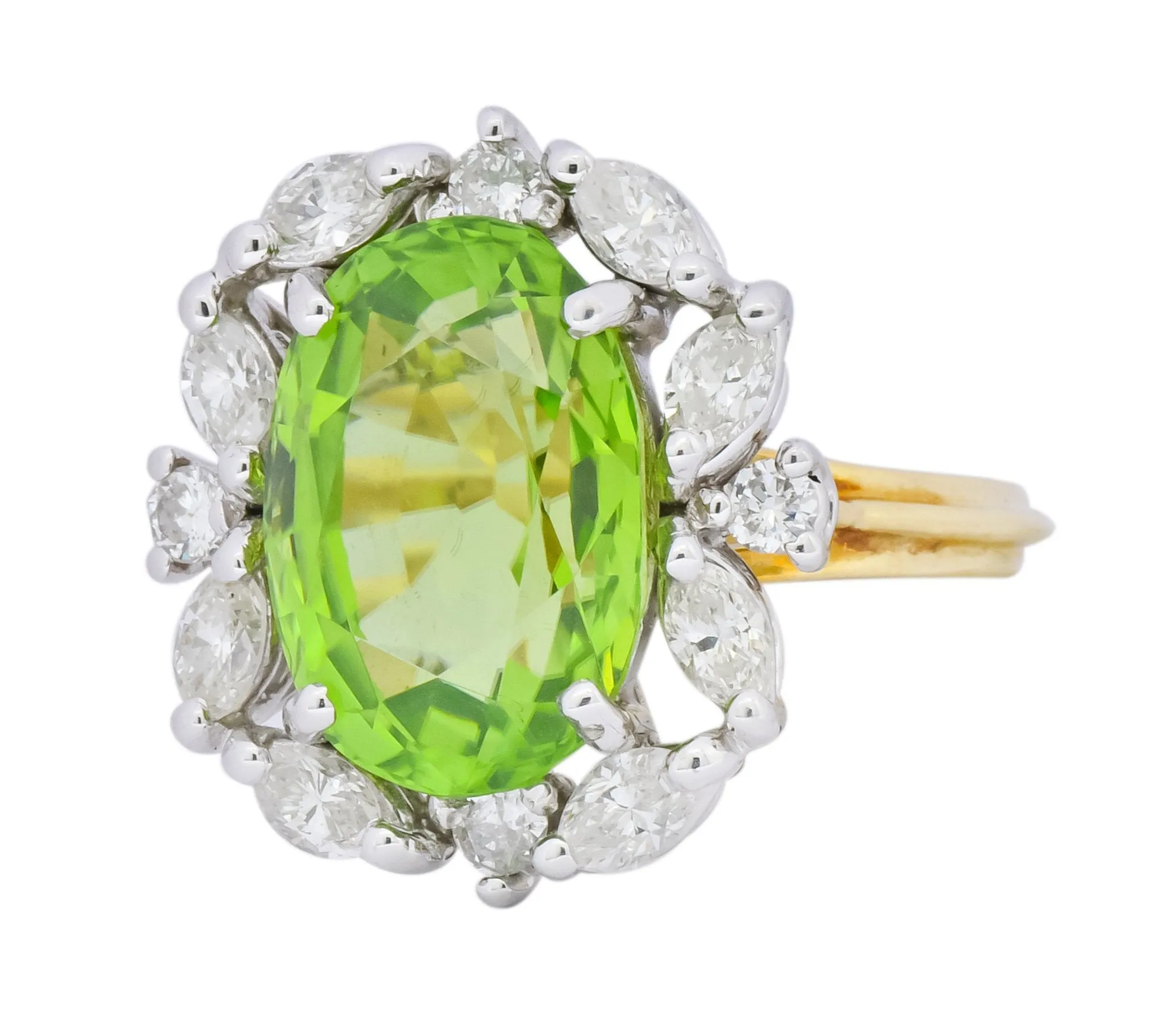 1970's 4.75 CTW Peridot Diamond 18 Karat Two-Tone Gold Cluster Ring