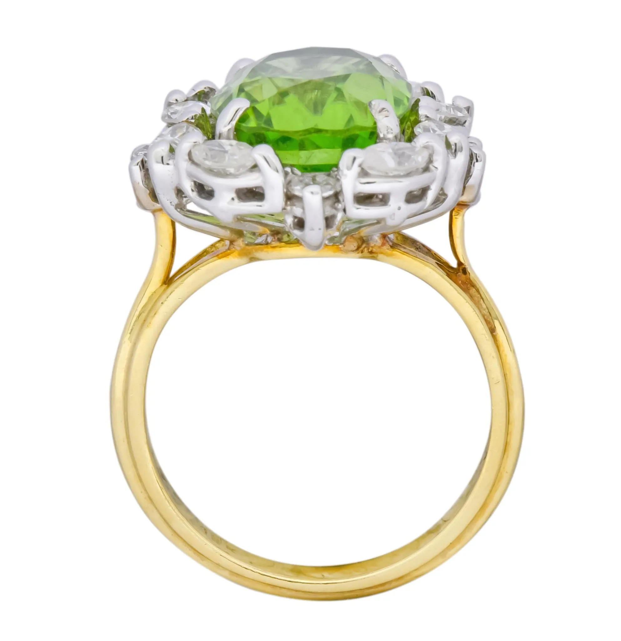 1970's 4.75 CTW Peridot Diamond 18 Karat Two-Tone Gold Cluster Ring