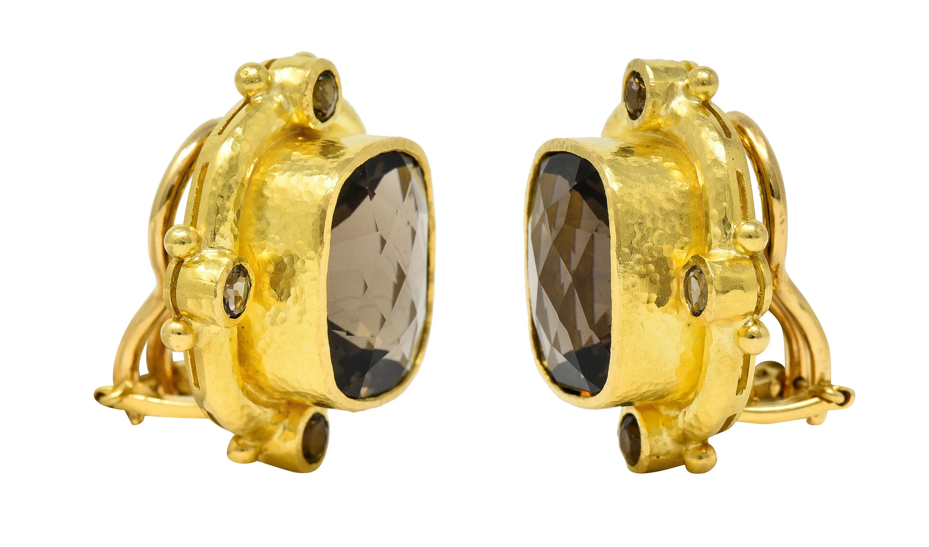 1990's Elizabeth Locke Smokey Quartz 18 Karat Yellow Hammered Gold Earrings