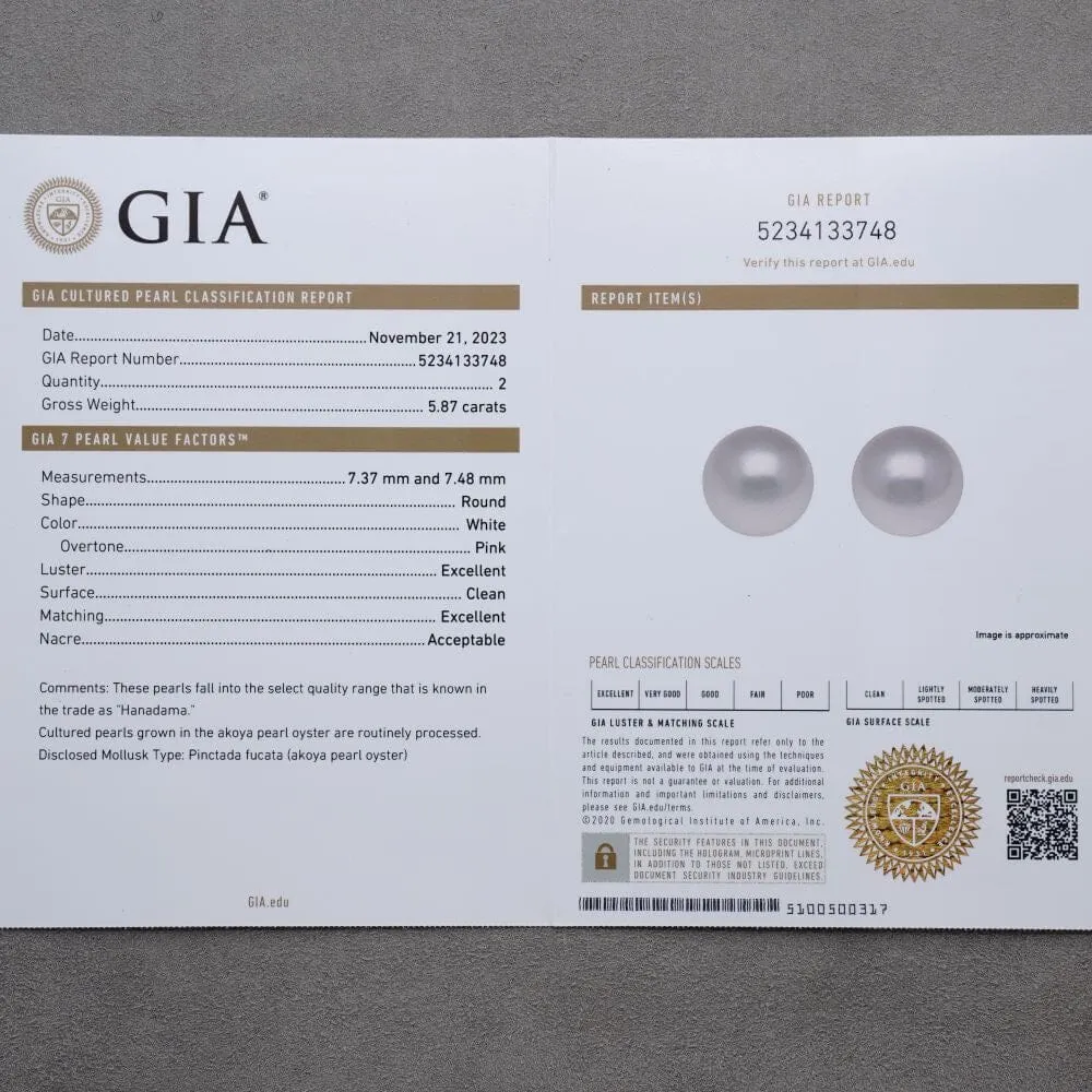 7.37 and 7.48 mm GIA Certified Hanadama Akoya Pearl Stud Earrings