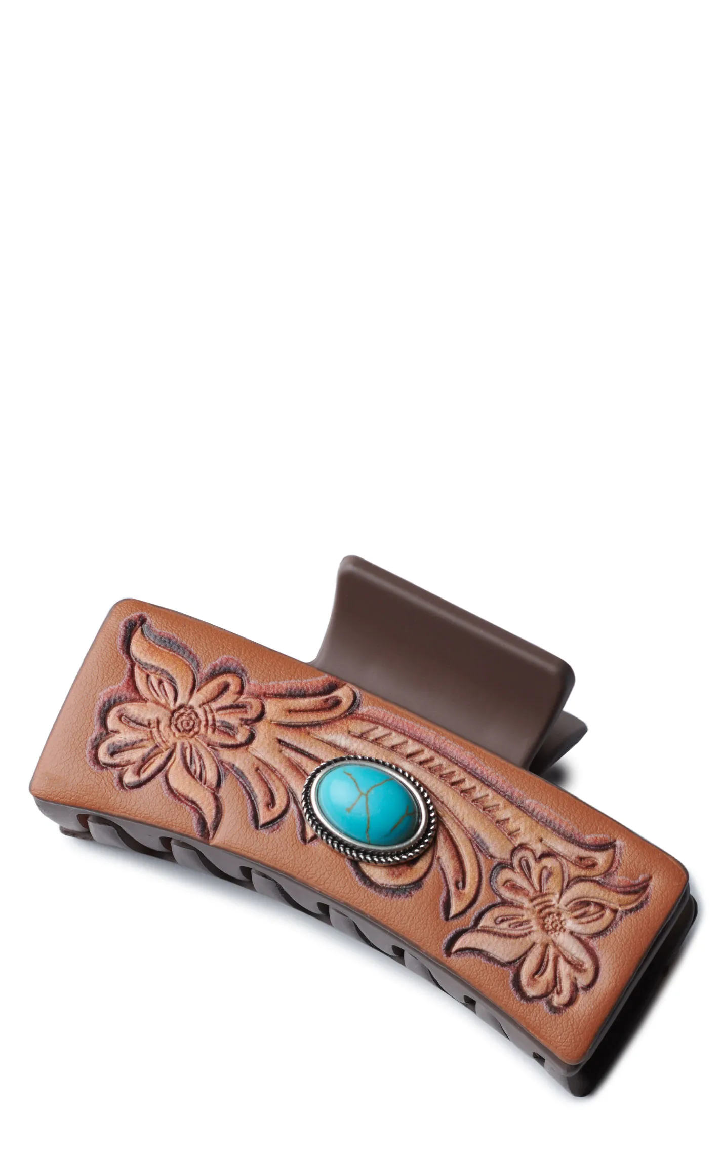 806 by Pink Panache Coffee Tooled Floral & Turquoise Stone Claw Hair Clip