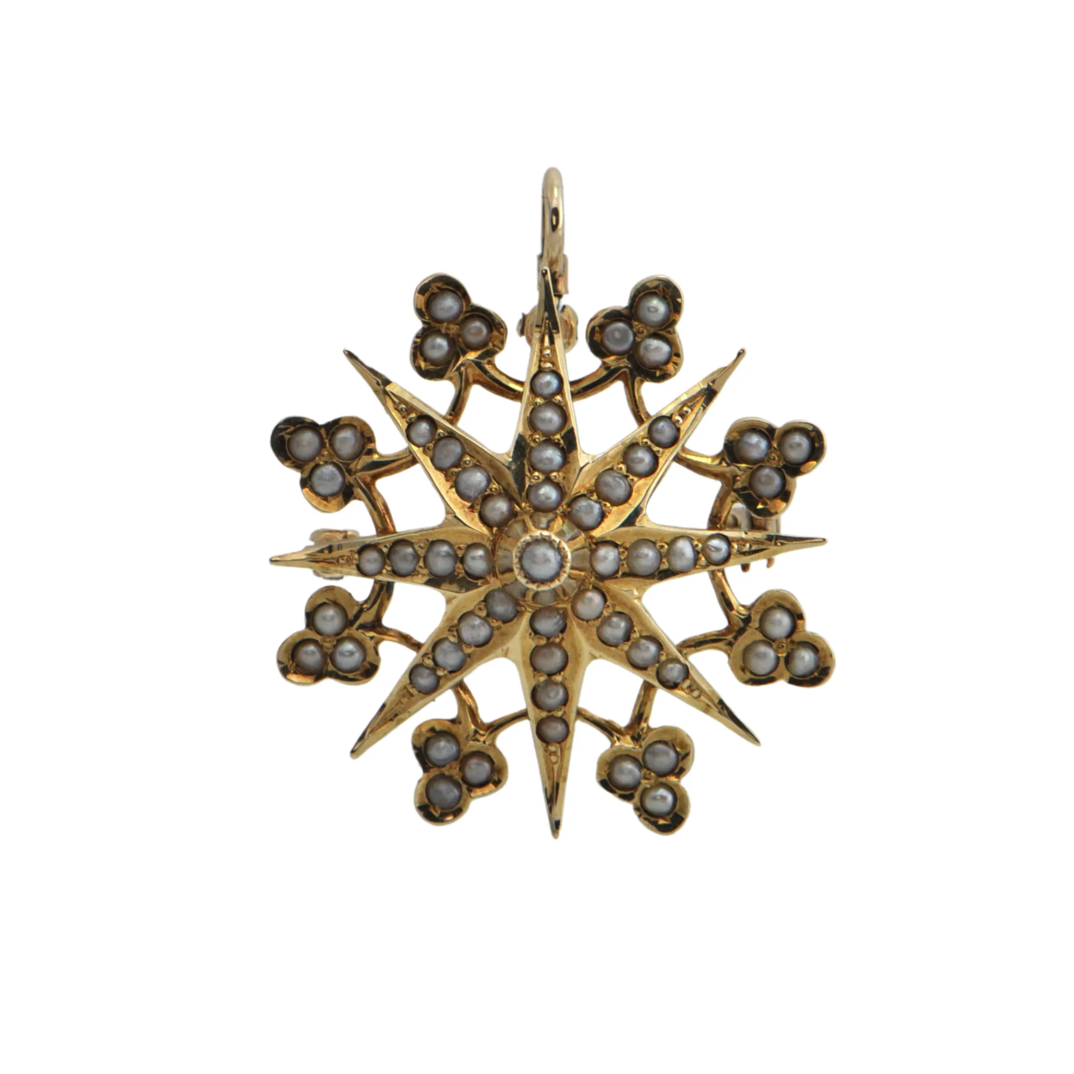 Antique Victorian Seed Pearl 14k Gold Starburst Brooch/Pendant