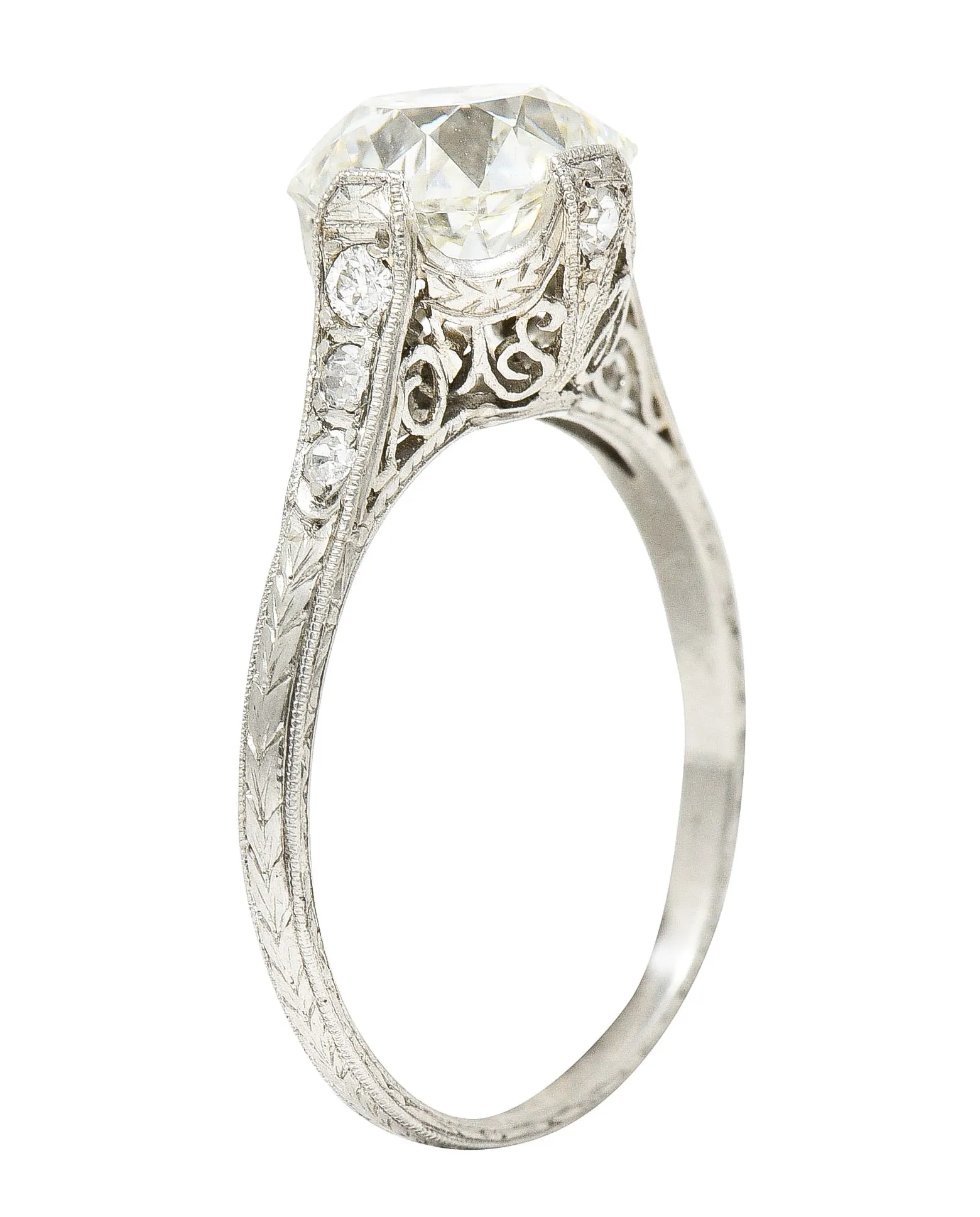 Art Deco 2.78 CTW Old Mine Diamond Platinum Filigree Engagement Ring GIA