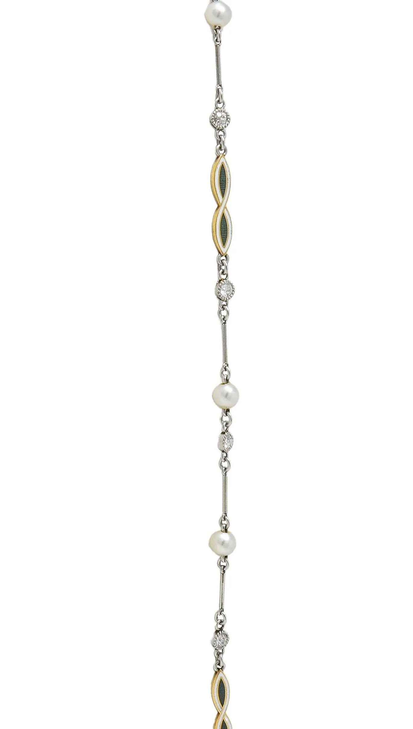 Art Deco Diamond Natural Pearl Enamel Platinum 18K Gold Antique Fancy Link Chain Necklace