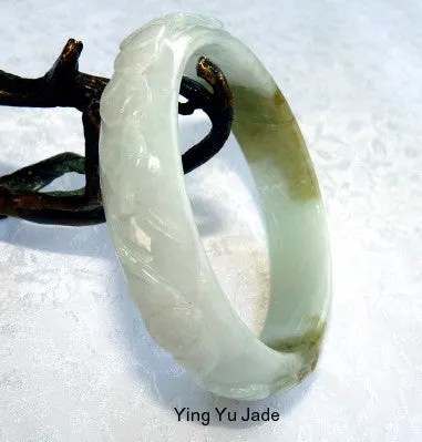 Auspicious Spiritual Carved Burmese Jadeite Old Mine Bangle Bracelet 57 mm (BB2901)