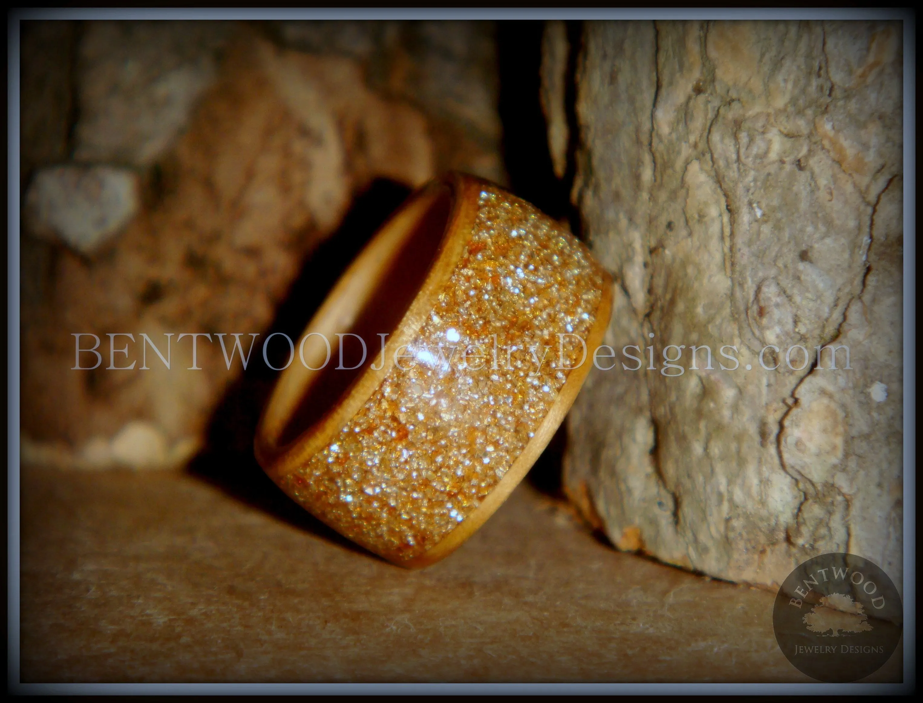 Bentwood Ring - Caramel Olivewood Wood Ring with Crushed Gold Glass Inlay