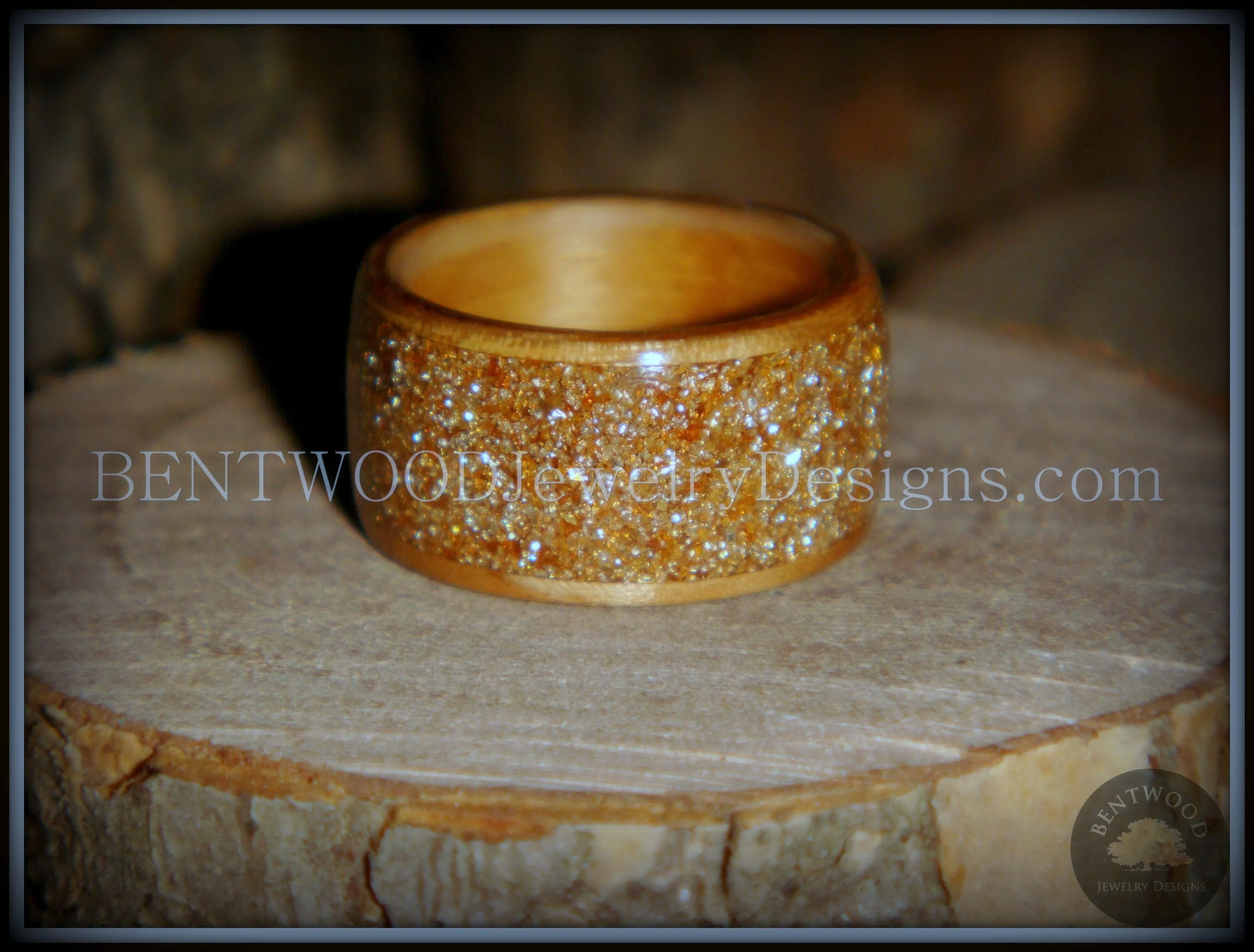 Bentwood Ring - Caramel Olivewood Wood Ring with Crushed Gold Glass Inlay