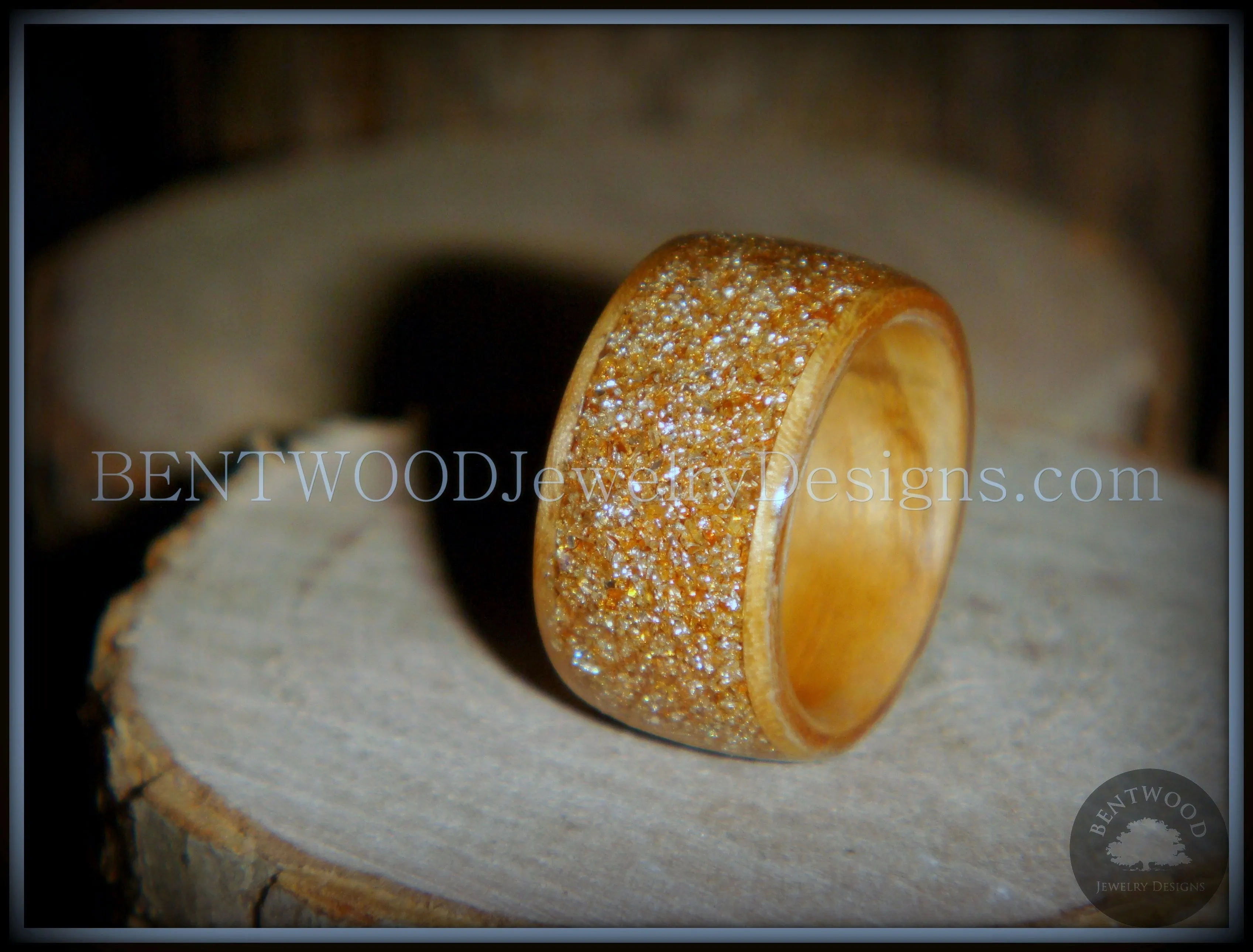 Bentwood Ring - Caramel Olivewood Wood Ring with Crushed Gold Glass Inlay