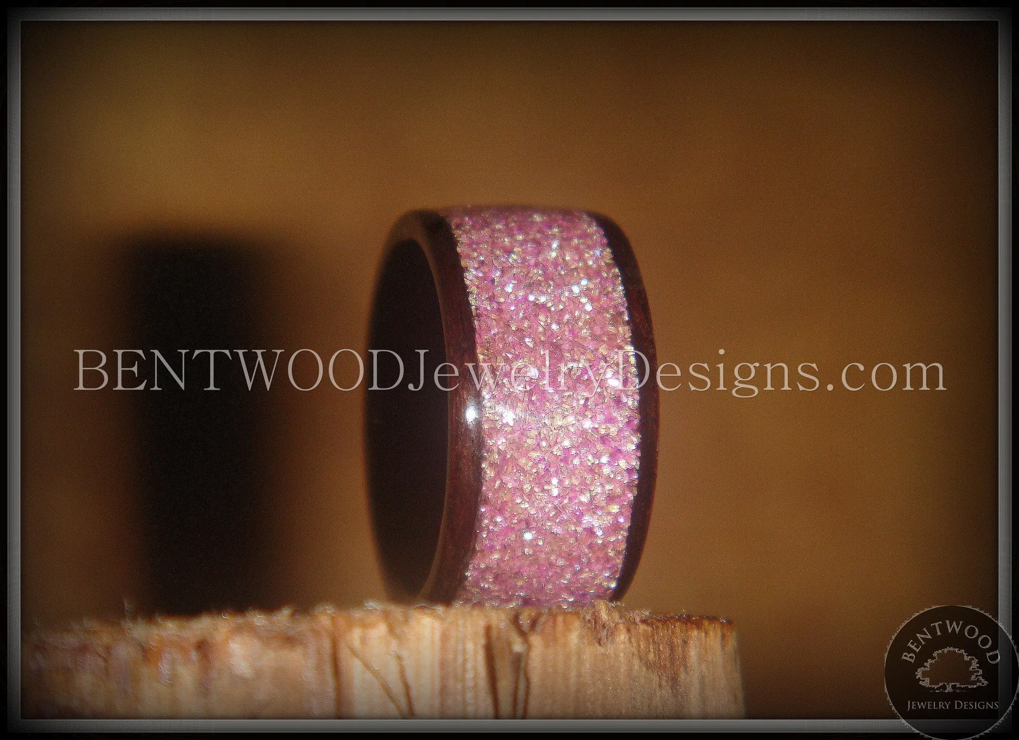 Bentwood Ring - Macassar Ebony Wood Ring with Crushed Lilac Glass Inlay