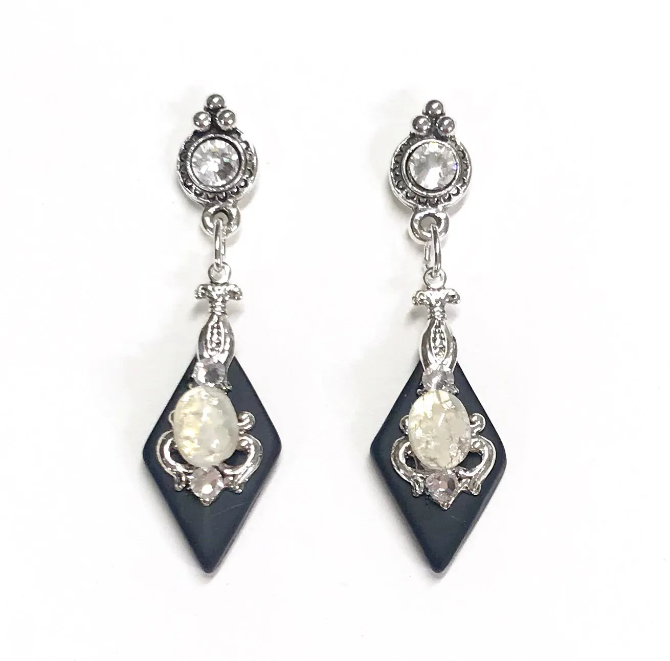 Black Glass Earrings - White Glass Opal - Crystal Post - Stained Glass