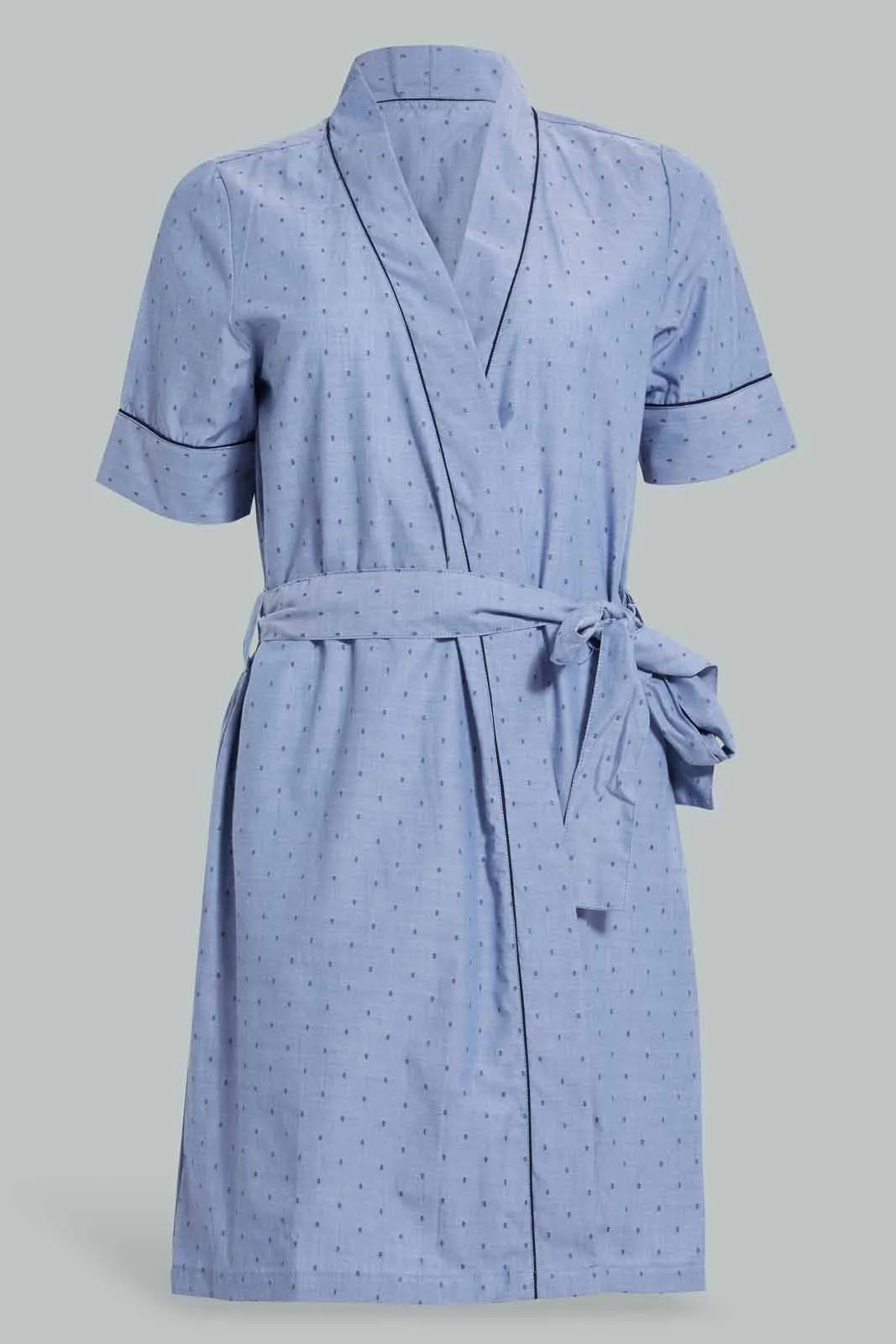 Blue Solid Dobby Robe With Belt