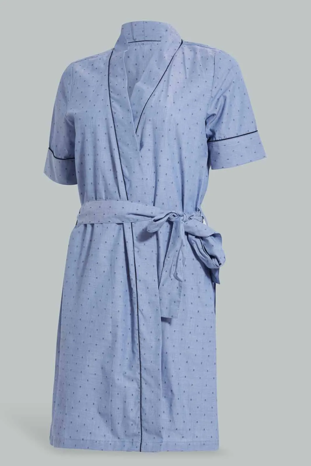 Blue Solid Dobby Robe With Belt