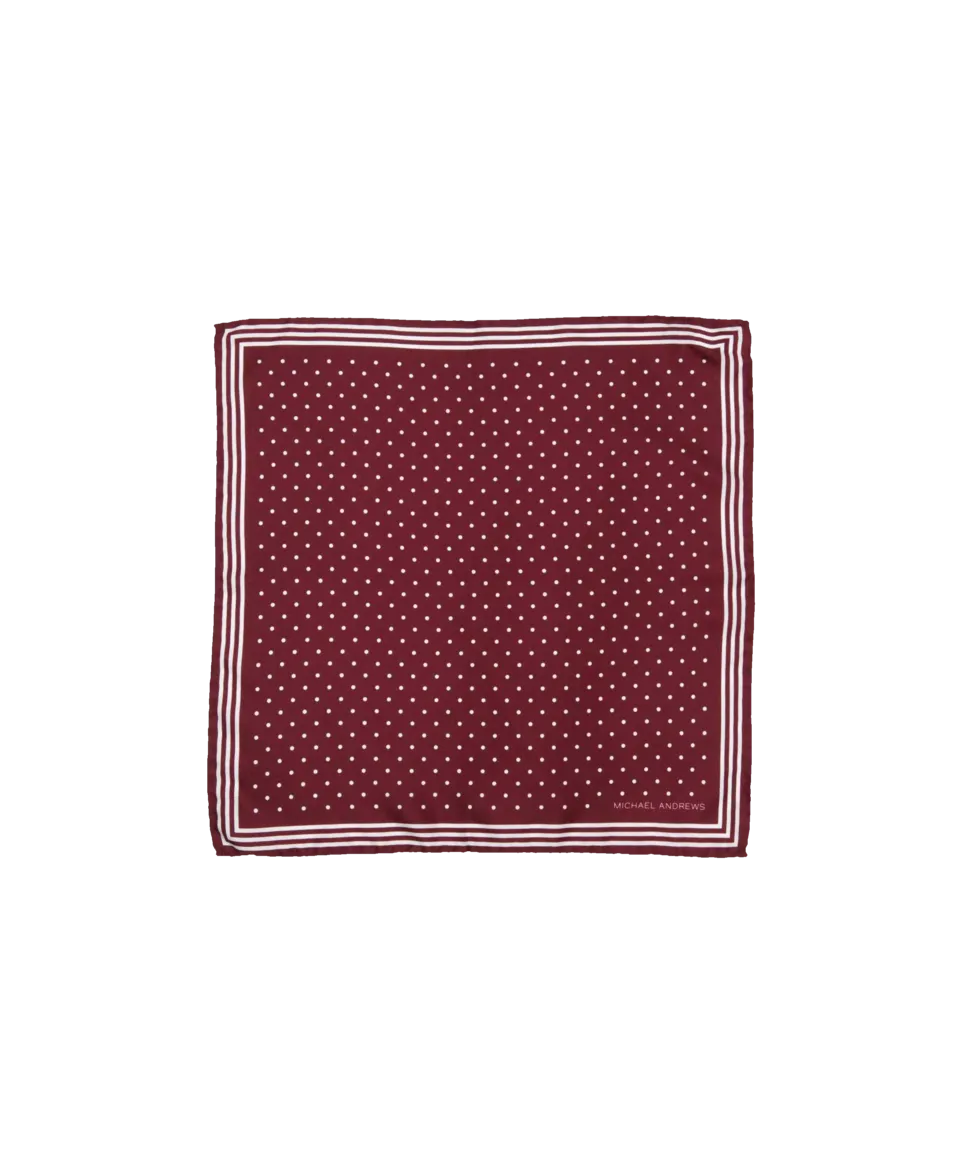 Burgundy Pocket Square with Classic White Polka Dots and Striped Border | He Spoke Style