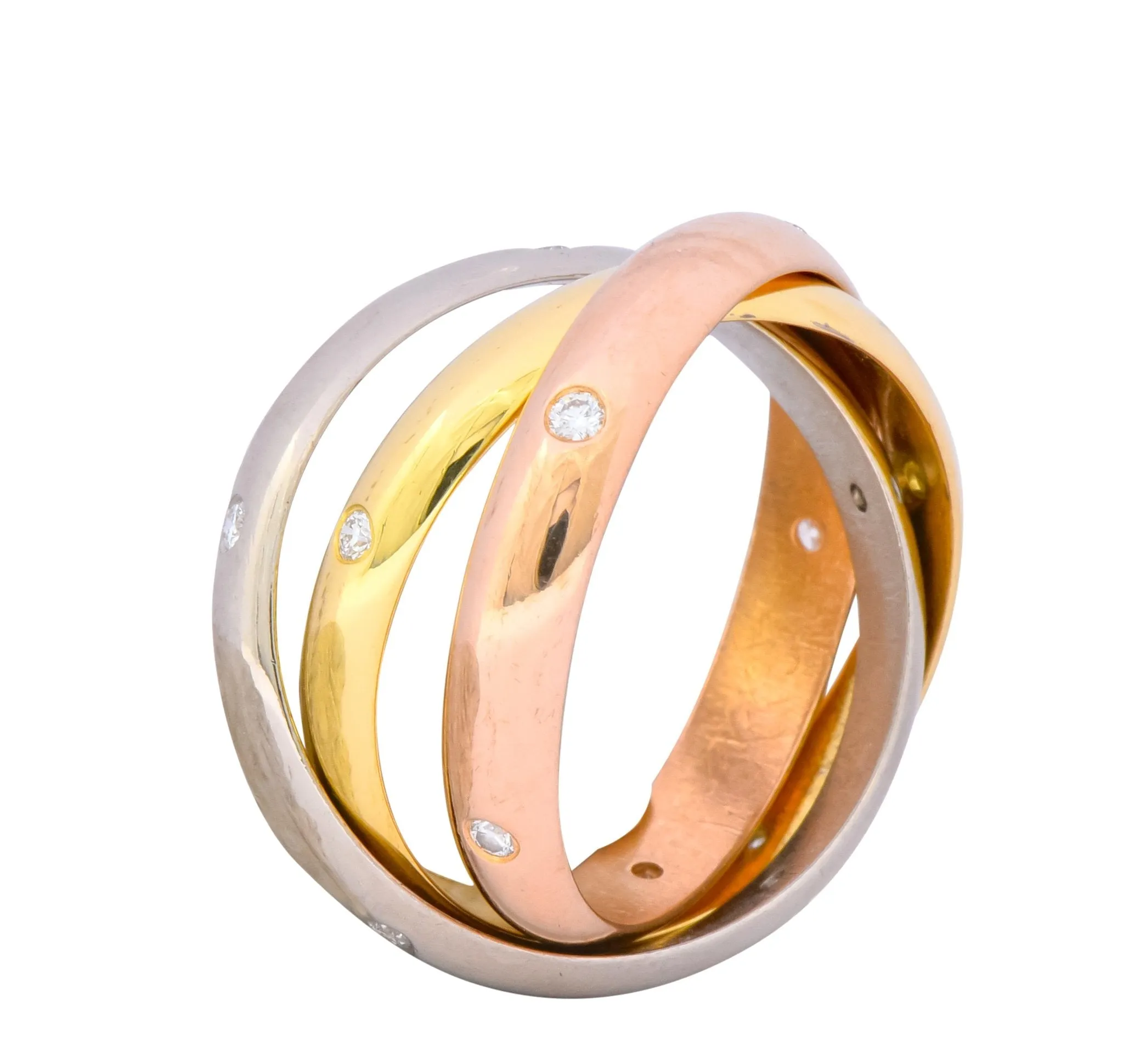 Cartier Diamond 18 Karat Tri-Colored Gold Trinity Rolling Ring