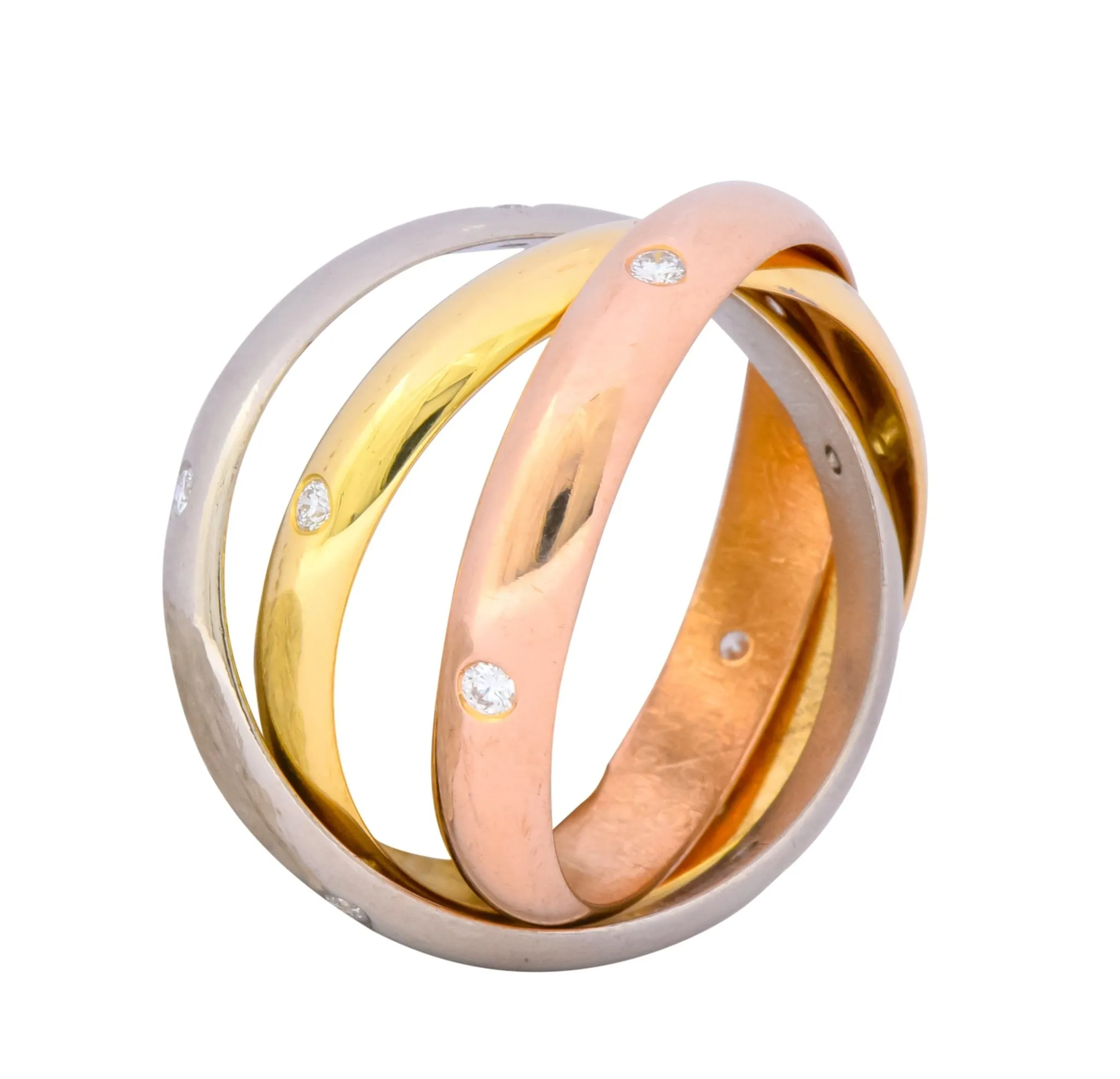 Cartier Diamond 18 Karat Tri-Colored Gold Trinity Rolling Ring