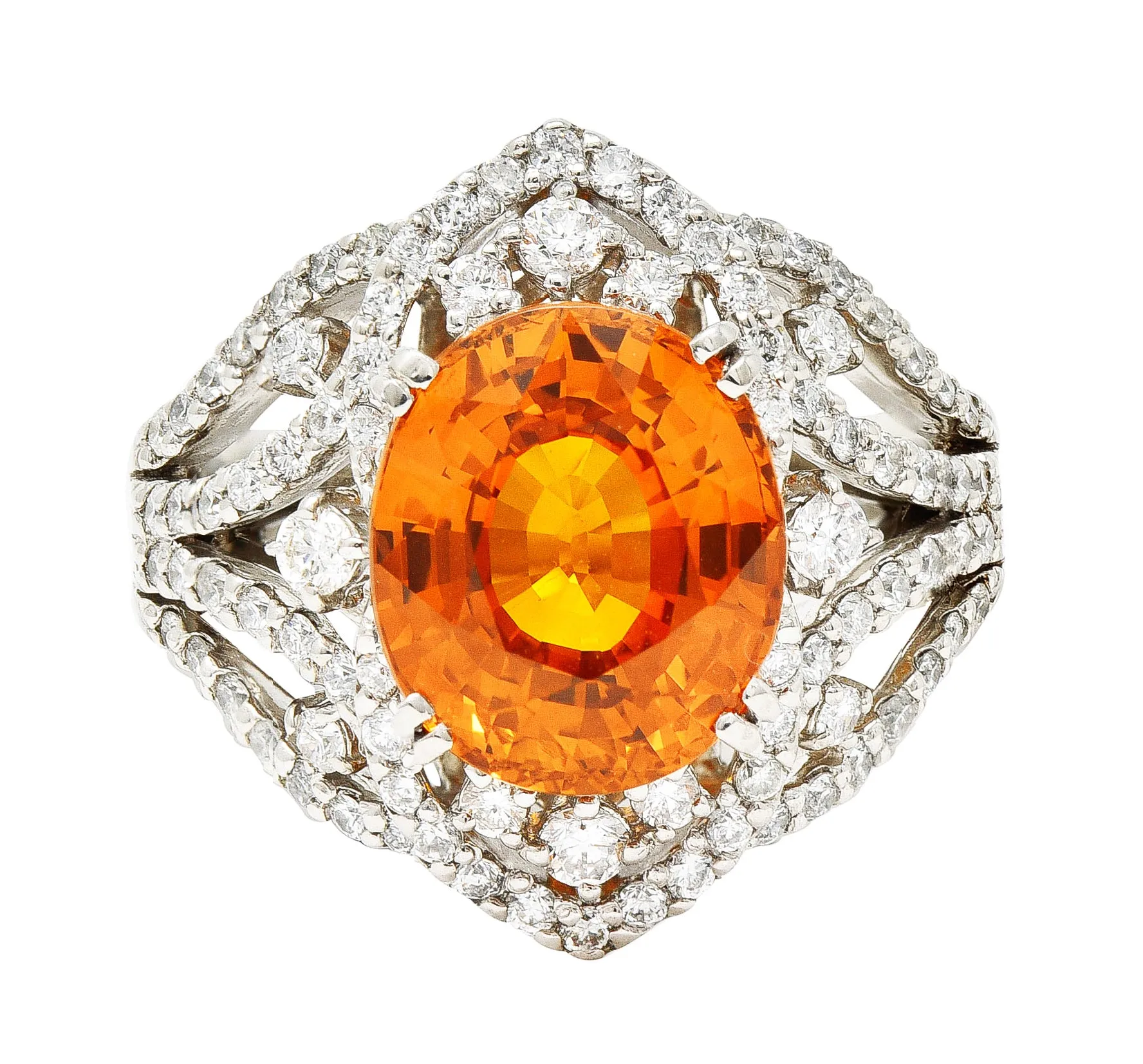 Contemporary 6.99 CTW Ceylon Orange Sapphire Diamond Platinum Cocktail Ring GIA