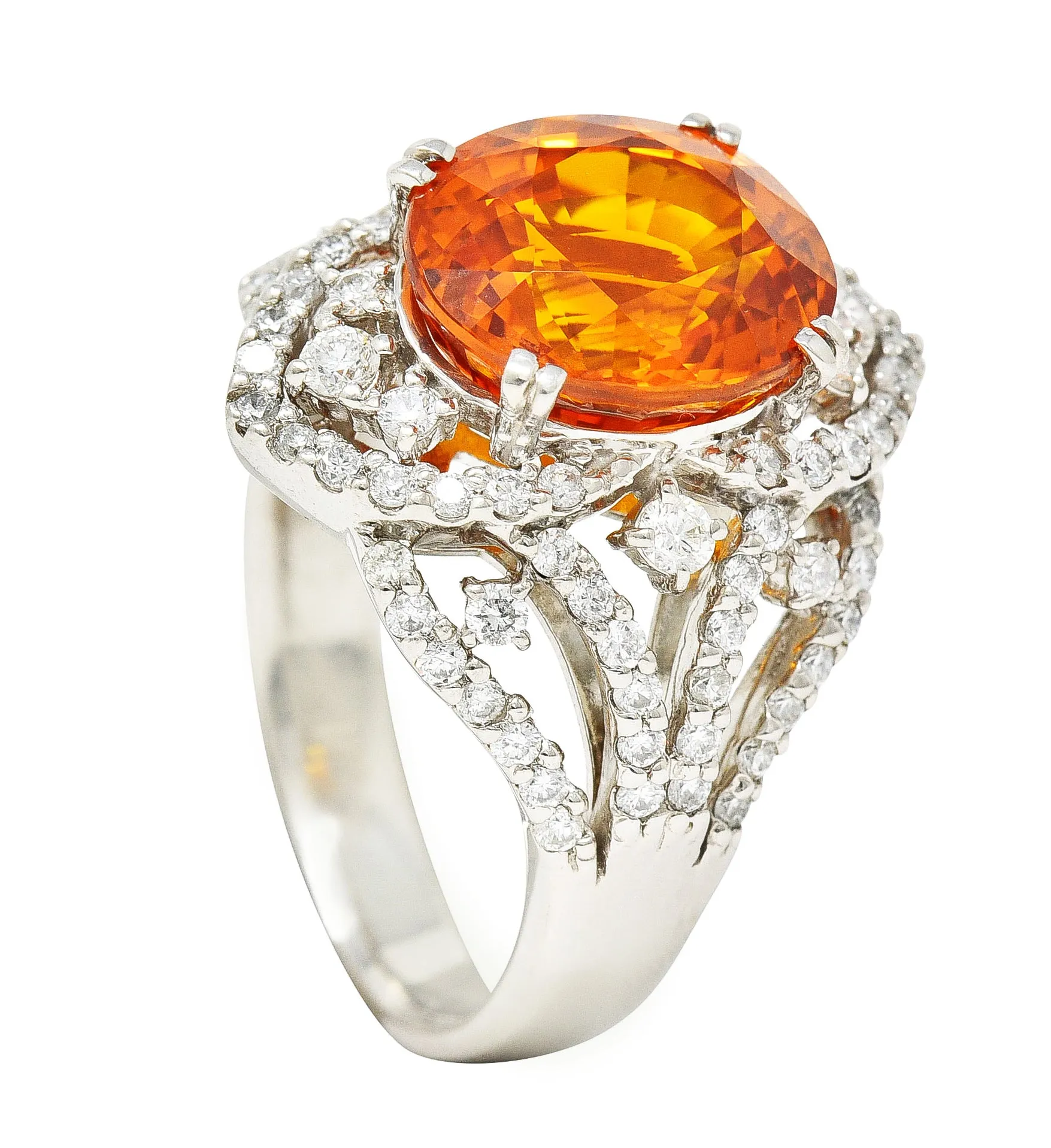 Contemporary 6.99 CTW Ceylon Orange Sapphire Diamond Platinum Cocktail Ring GIA