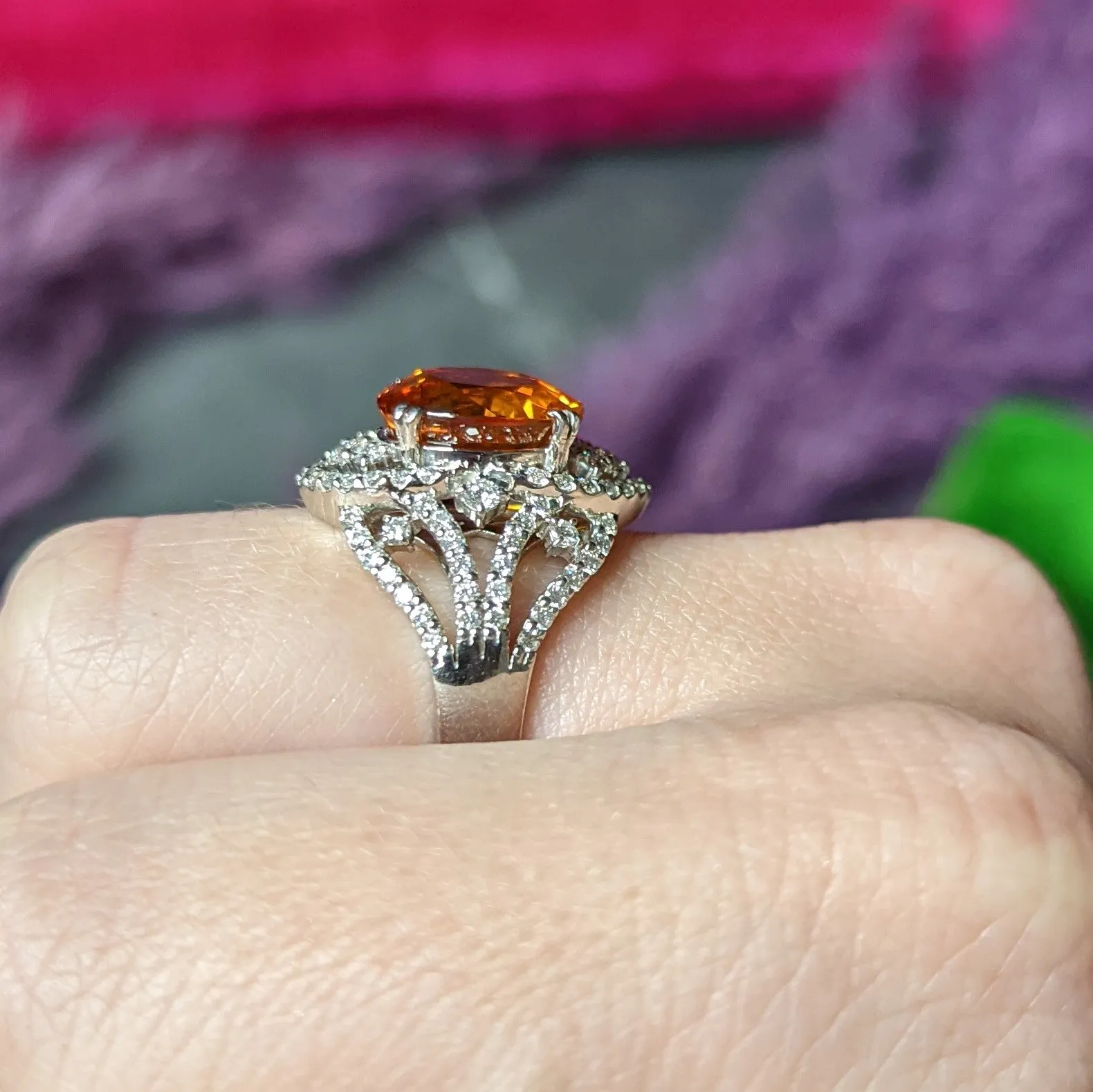 Contemporary 6.99 CTW Ceylon Orange Sapphire Diamond Platinum Cocktail Ring GIA