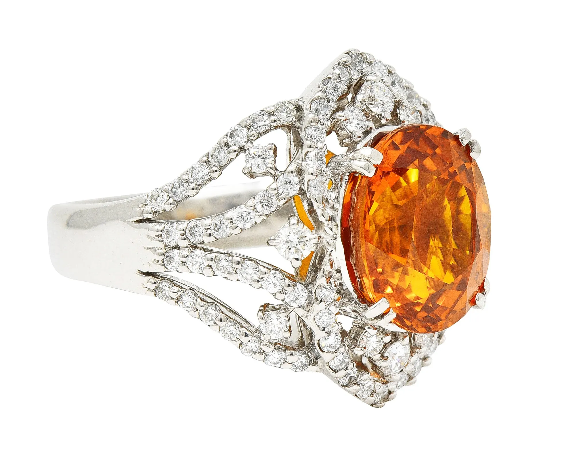 Contemporary 6.99 CTW Ceylon Orange Sapphire Diamond Platinum Cocktail Ring GIA