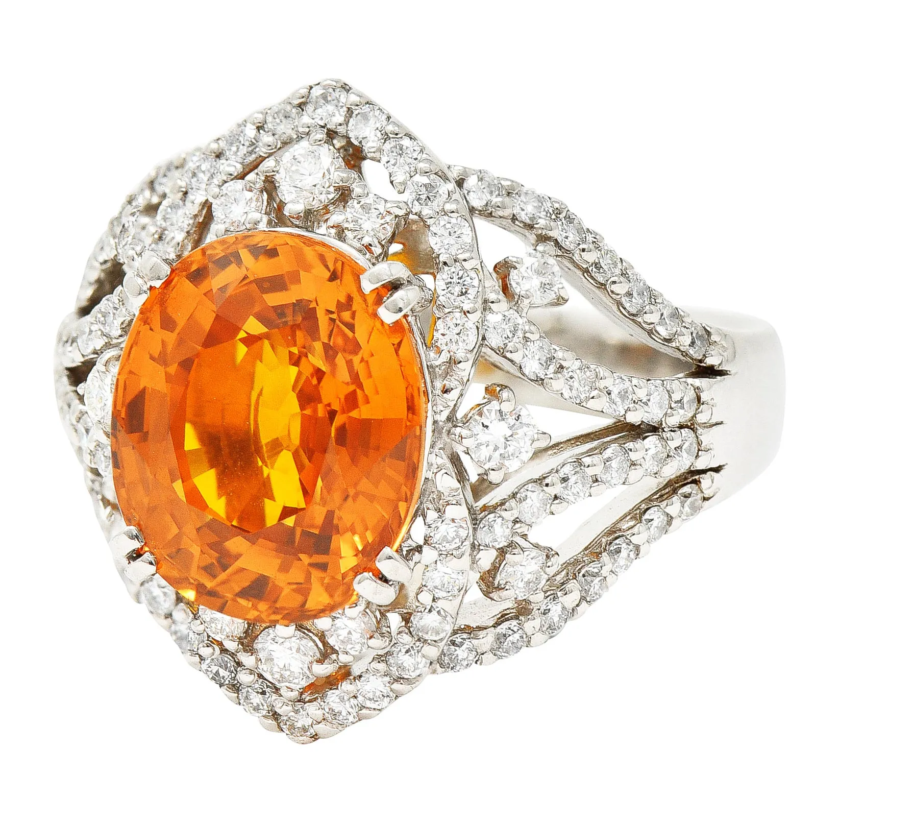 Contemporary 6.99 CTW Ceylon Orange Sapphire Diamond Platinum Cocktail Ring GIA