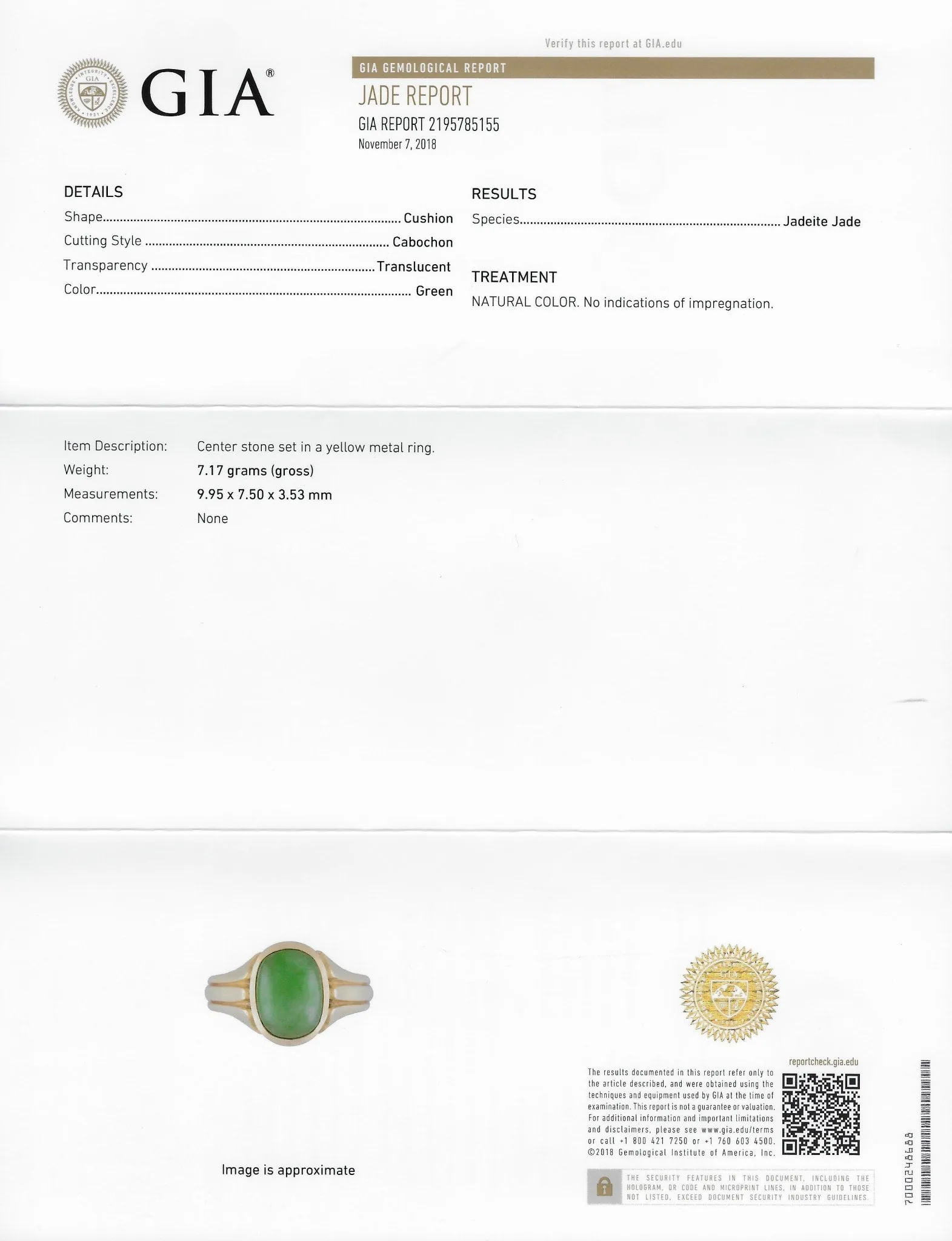 D & F Victorian Jadeite Jade 18 Karat Gold Unisex Ring GIA