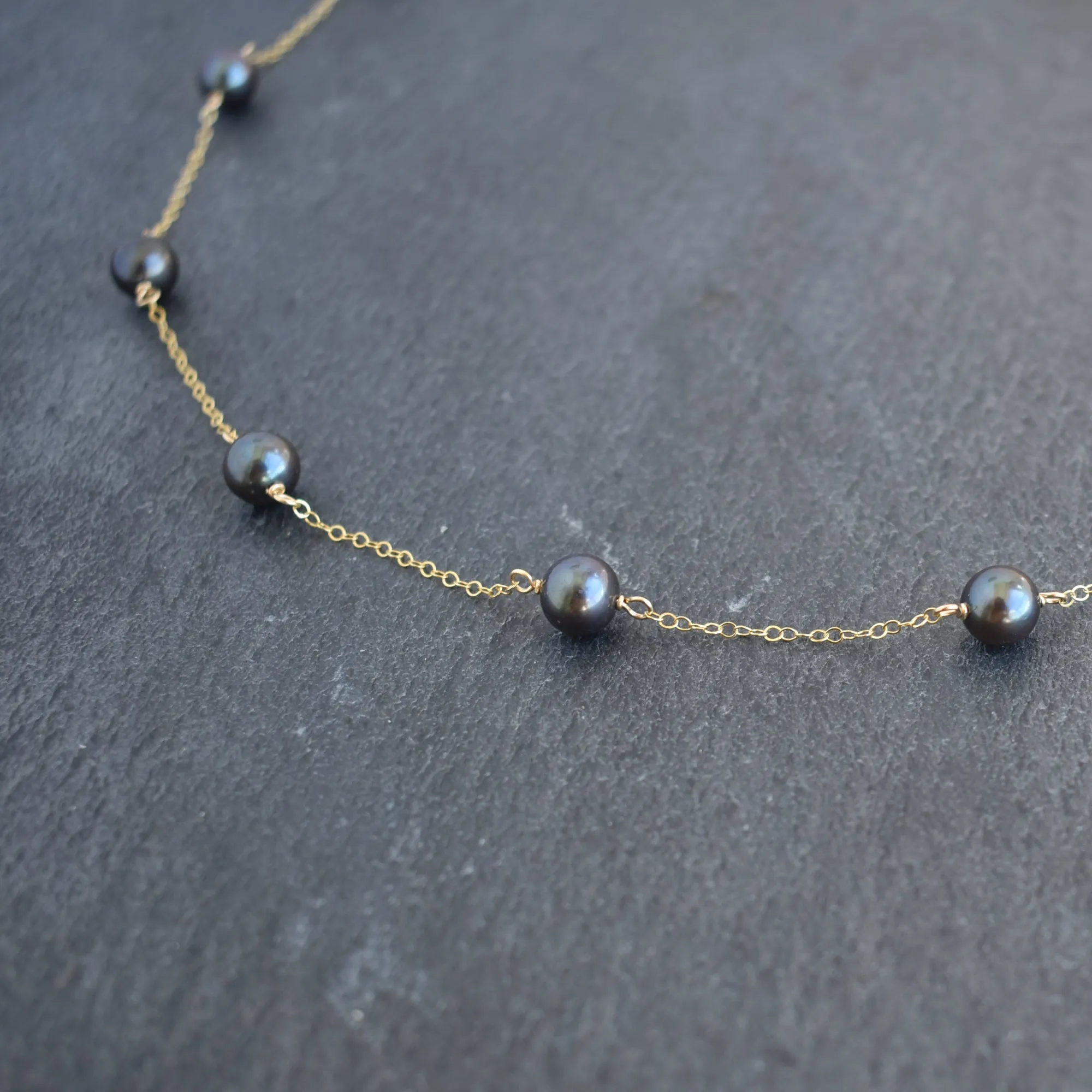 Dainty 8mm Black Pearl Station Necklace