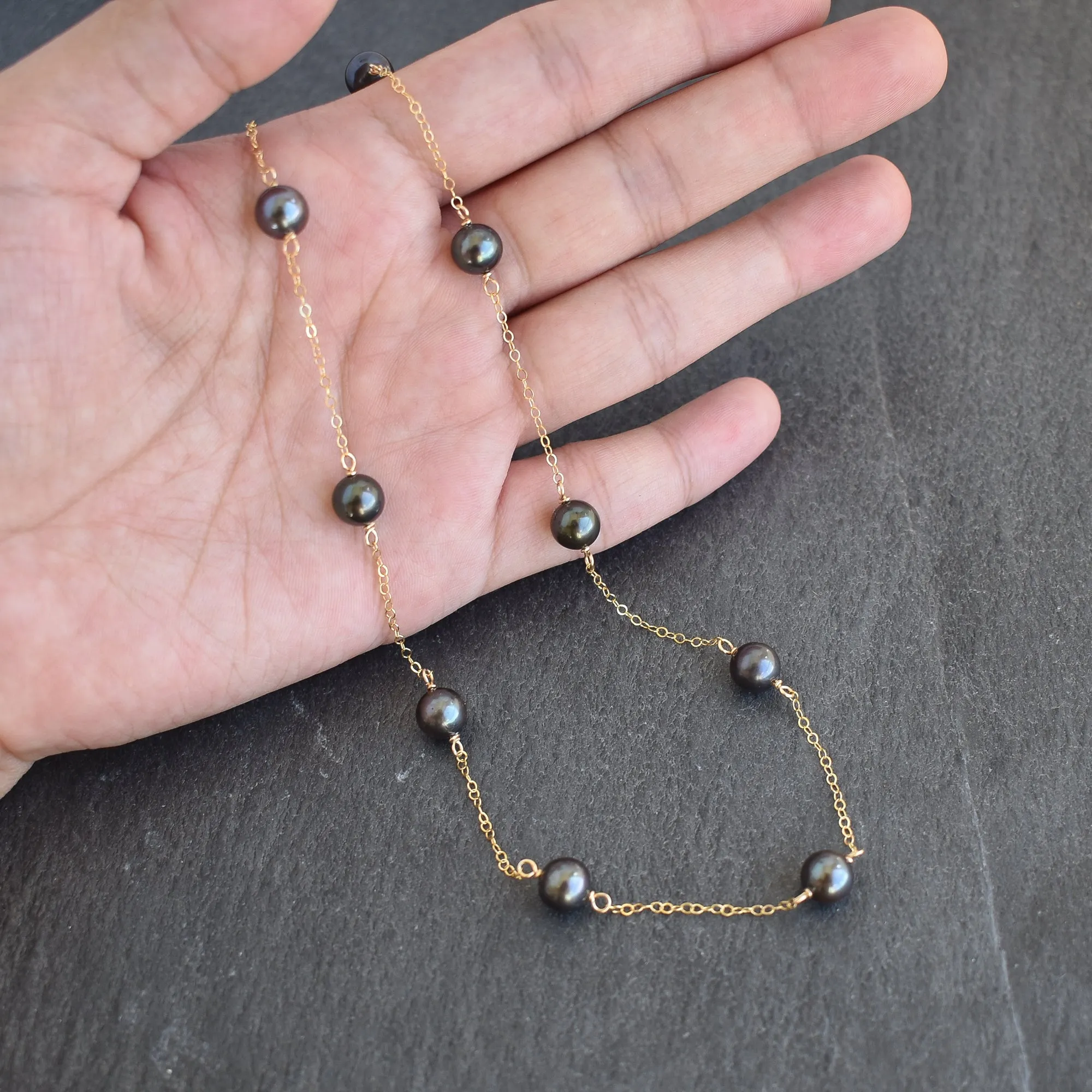 Dainty 8mm Black Pearl Station Necklace