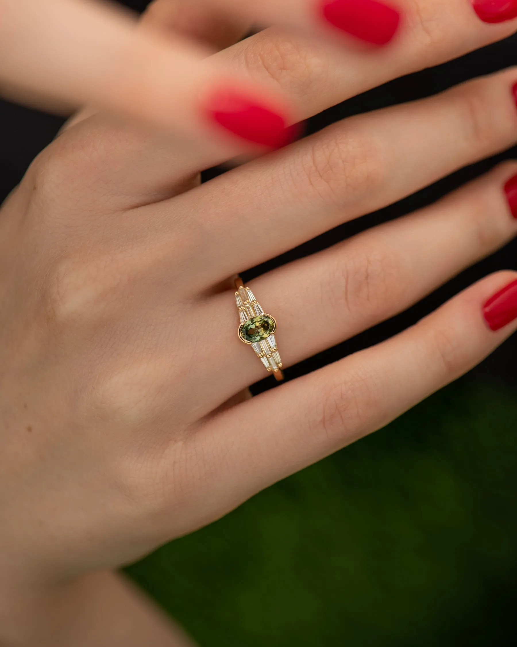 Delicate Parti-Sapphire Engagement Ring with Tapered Diamond Ornaments - OOAK