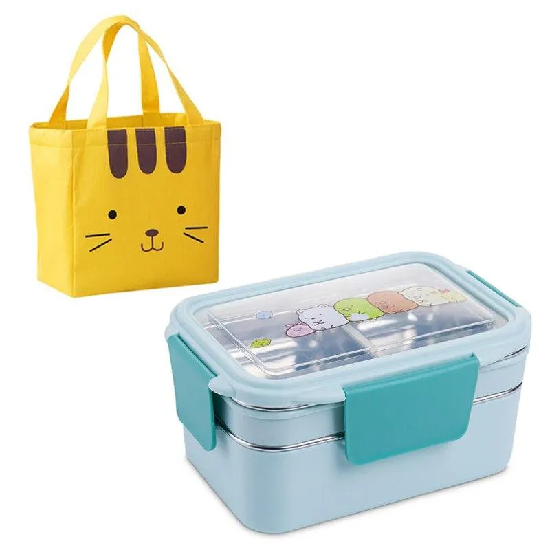 Double Layers Stainless Steel Cartoon Kids Lunch Box With Bag