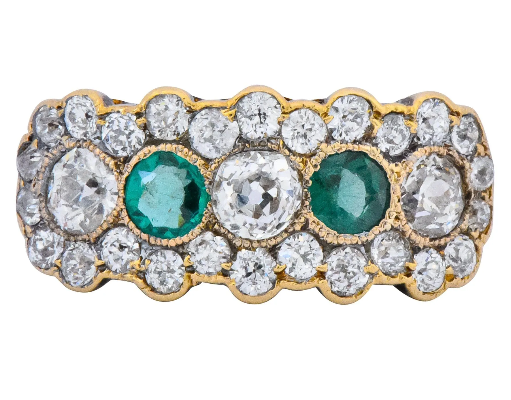 Edwardian Bridger 1.60 CTW Diamond Emerald 18 Karat Gold Cluster Anniversary Ring