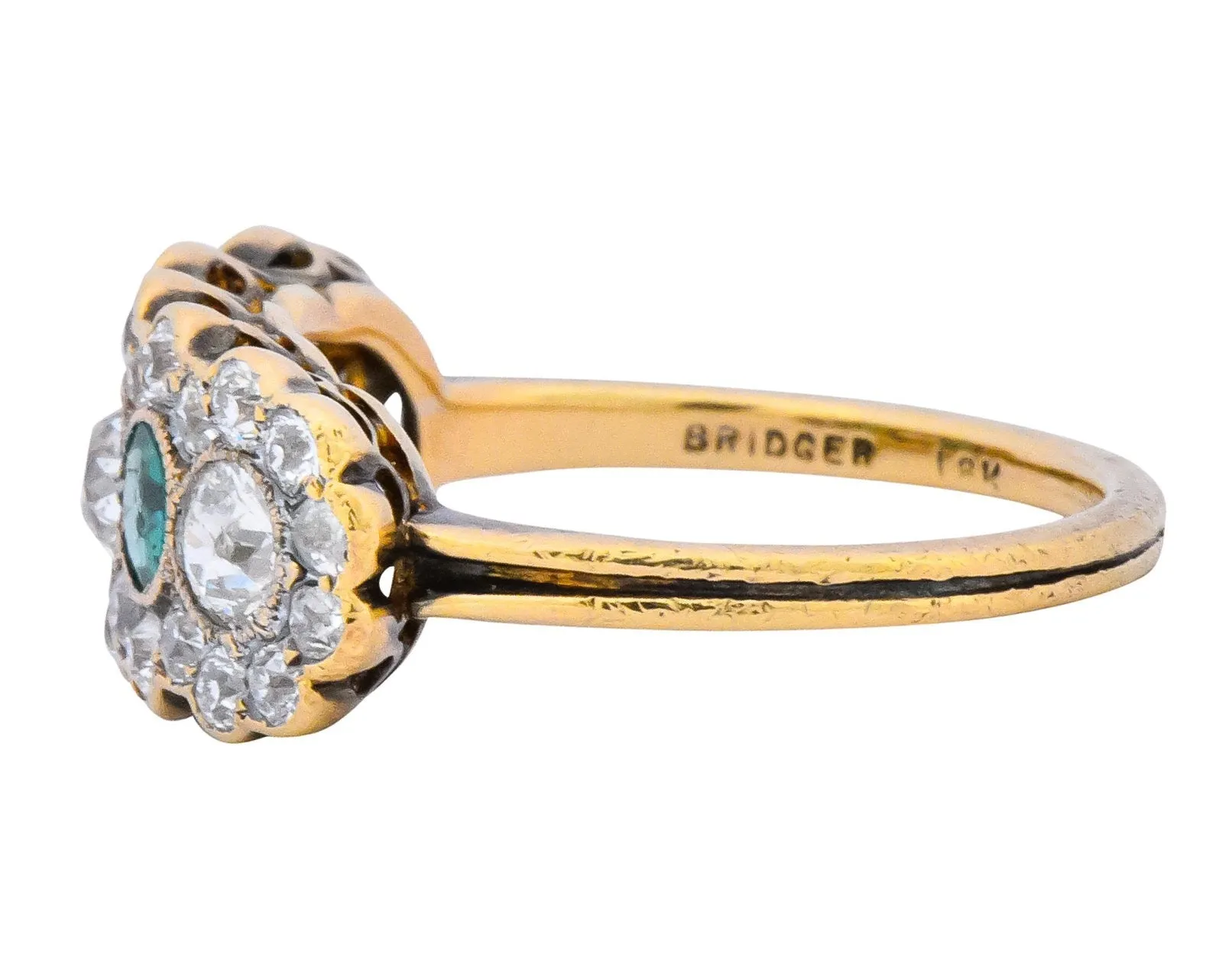 Edwardian Bridger 1.60 CTW Diamond Emerald 18 Karat Gold Cluster Anniversary Ring