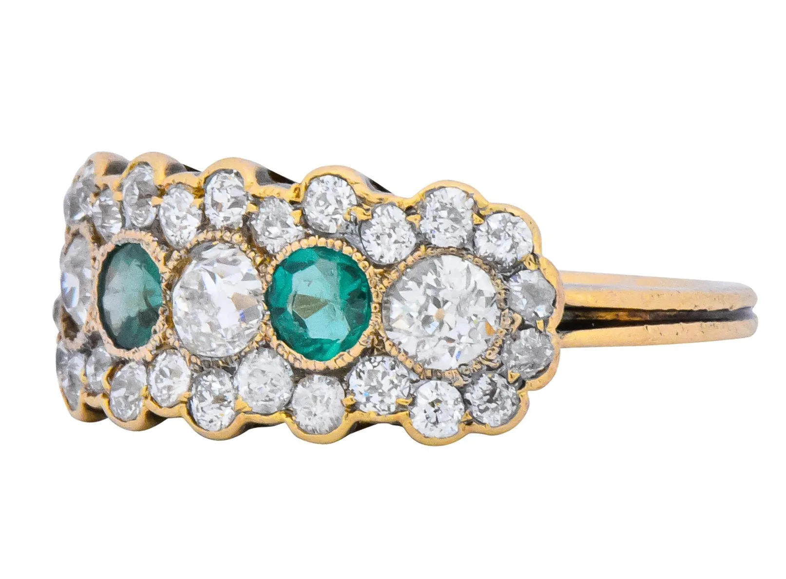 Edwardian Bridger 1.60 CTW Diamond Emerald 18 Karat Gold Cluster Anniversary Ring