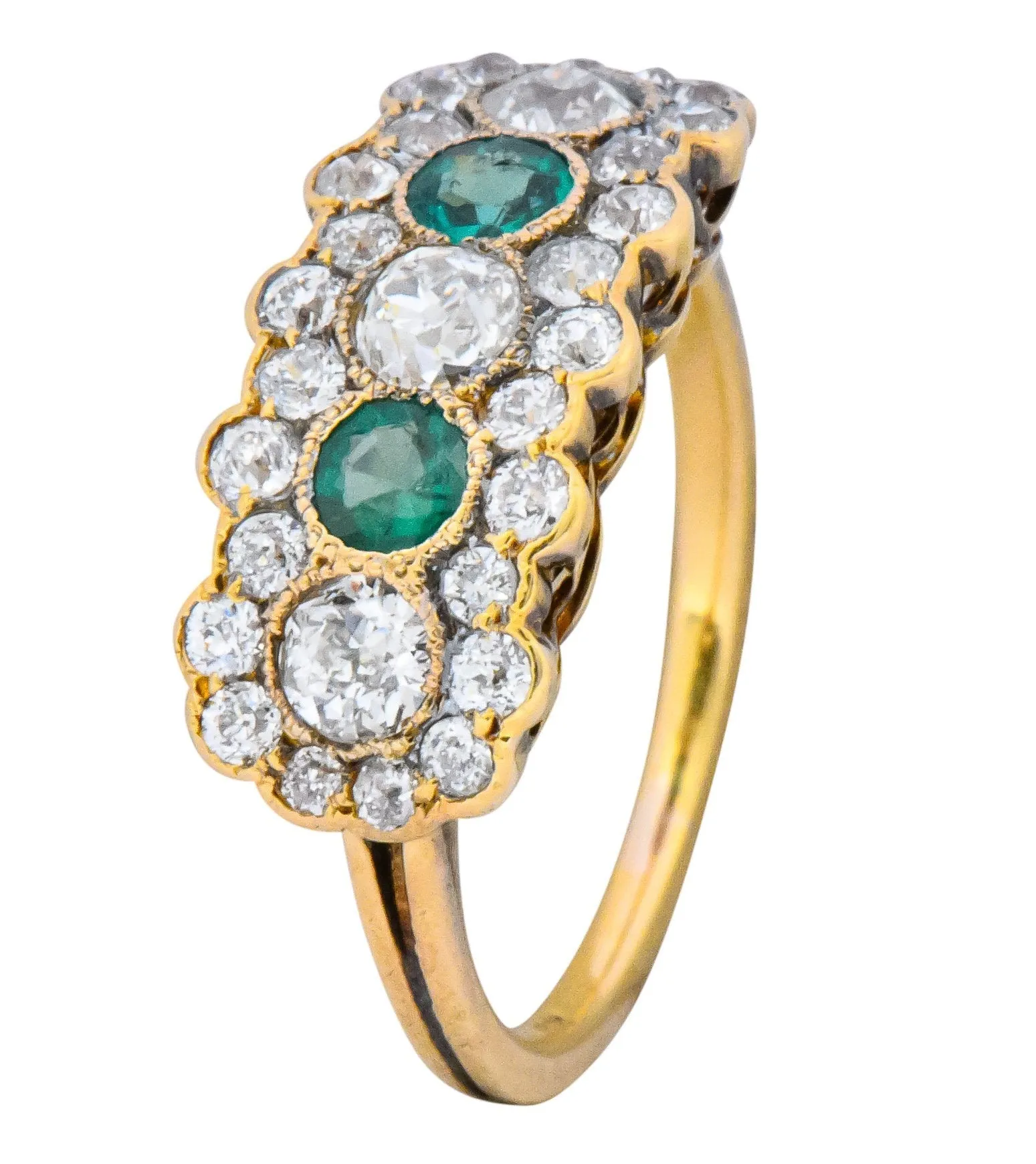 Edwardian Bridger 1.60 CTW Diamond Emerald 18 Karat Gold Cluster Anniversary Ring