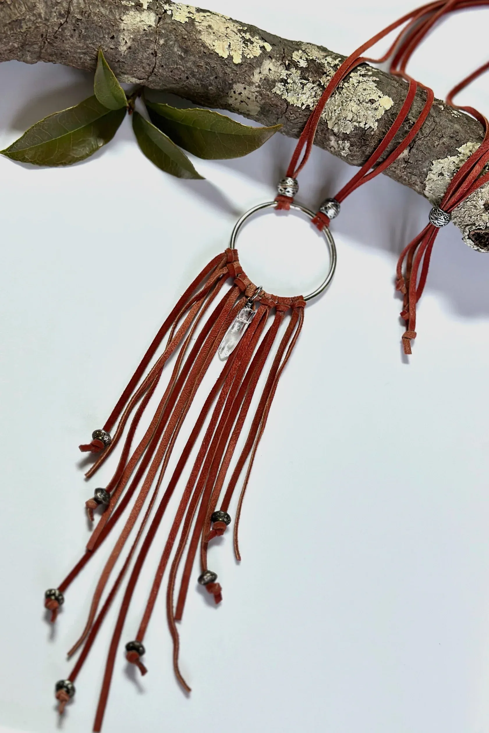 Everafter Dream Catcher Leather Tassel Adjustable Necklace w/ Quartz