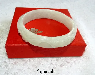 Fish and Flowers Carved Burmese Jadeite Bangle Bracelet 57.5mm BB28992)