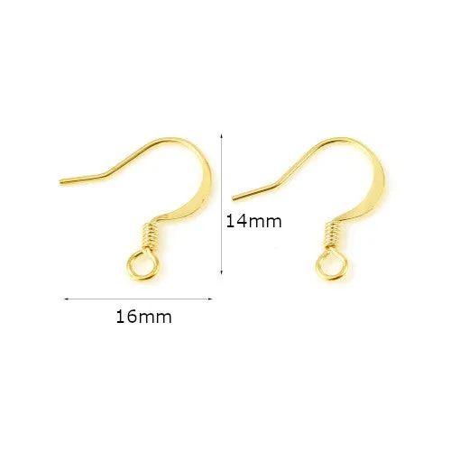 French Earring Hooks, Brass, Flat Earring Hooks, With Coil And Horizontal Loop, 18K Gold Plated, 14mm