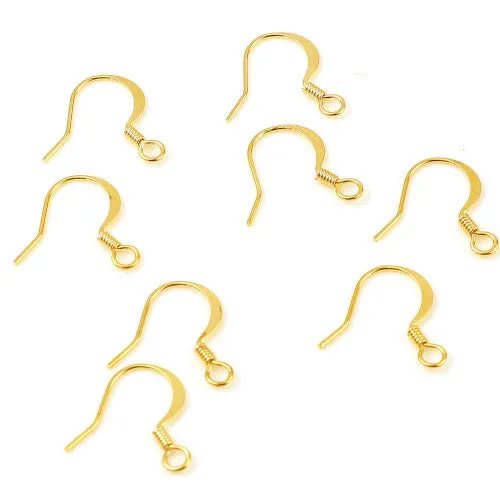 French Earring Hooks, Brass, Flat Earring Hooks, With Coil And Horizontal Loop, 18K Gold Plated, 14mm