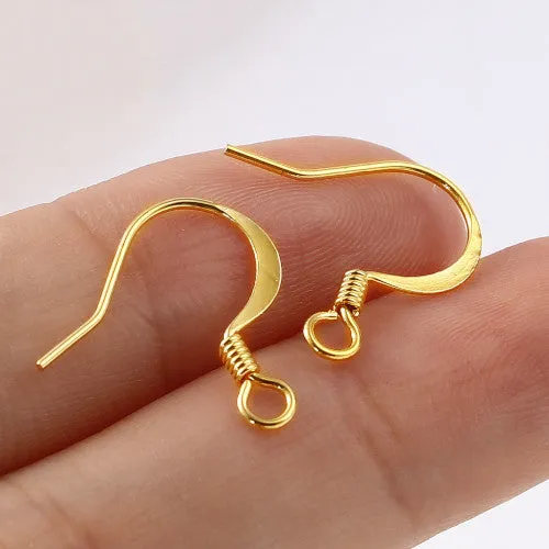 French Earring Hooks, Brass, Flat Earring Hooks, With Coil And Horizontal Loop, 18K Gold Plated, 14mm