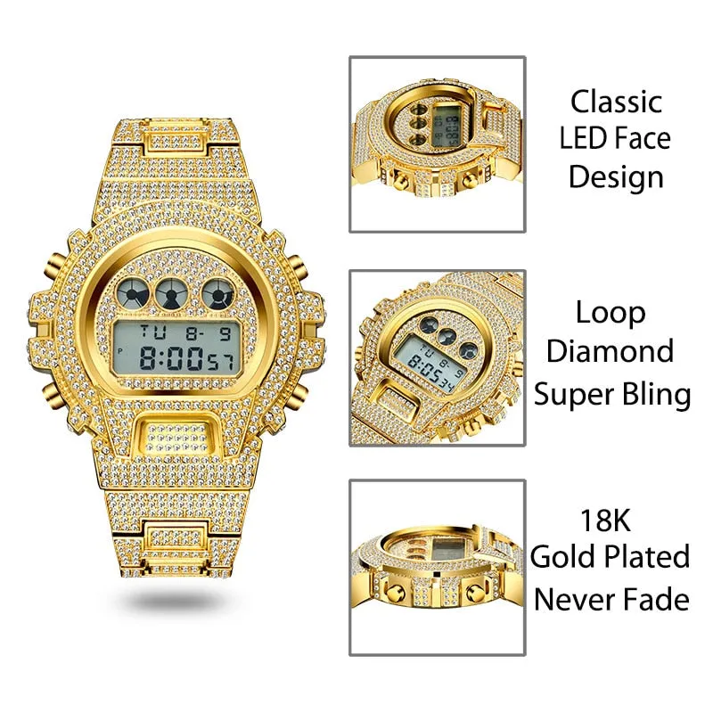 Hip Hop Men's Stainless Steel Multi Function Digital LED Iced Out Watch