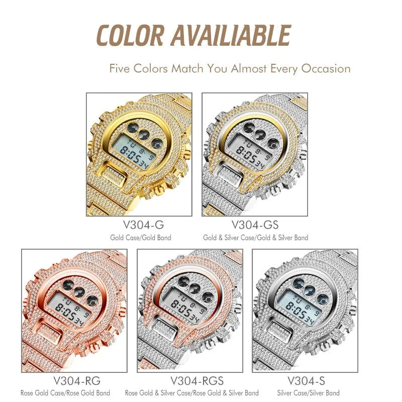 Hip Hop Men's Stainless Steel Multi Function Digital LED Iced Out Watch